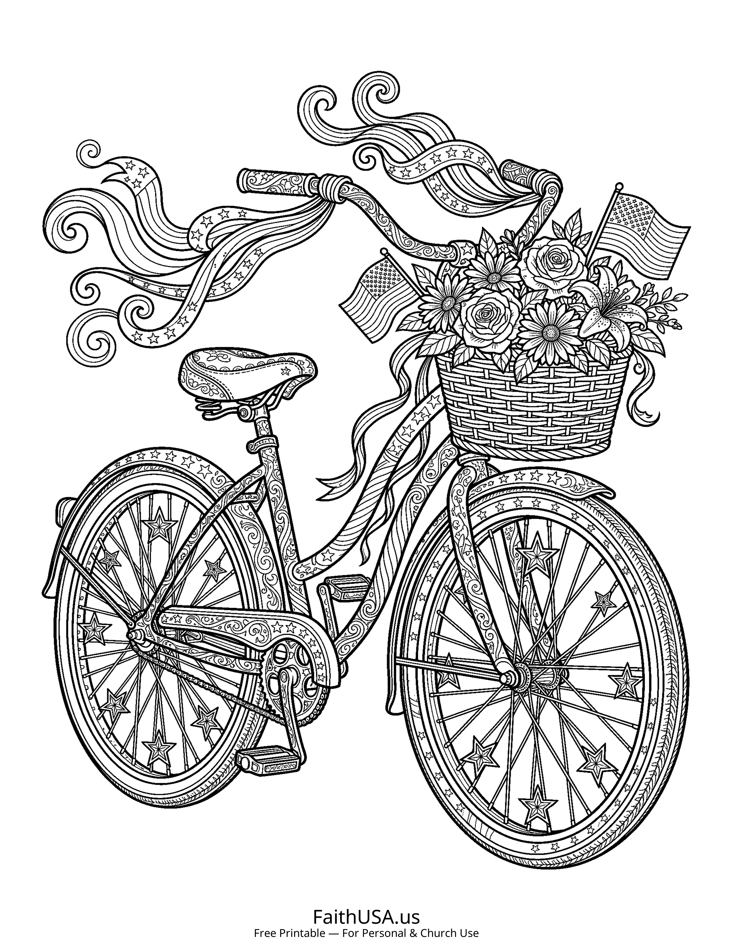 Free printable detailed patriotic bicycle coloring page PDF for Fourth of July parades, decorations, and summer activity packets