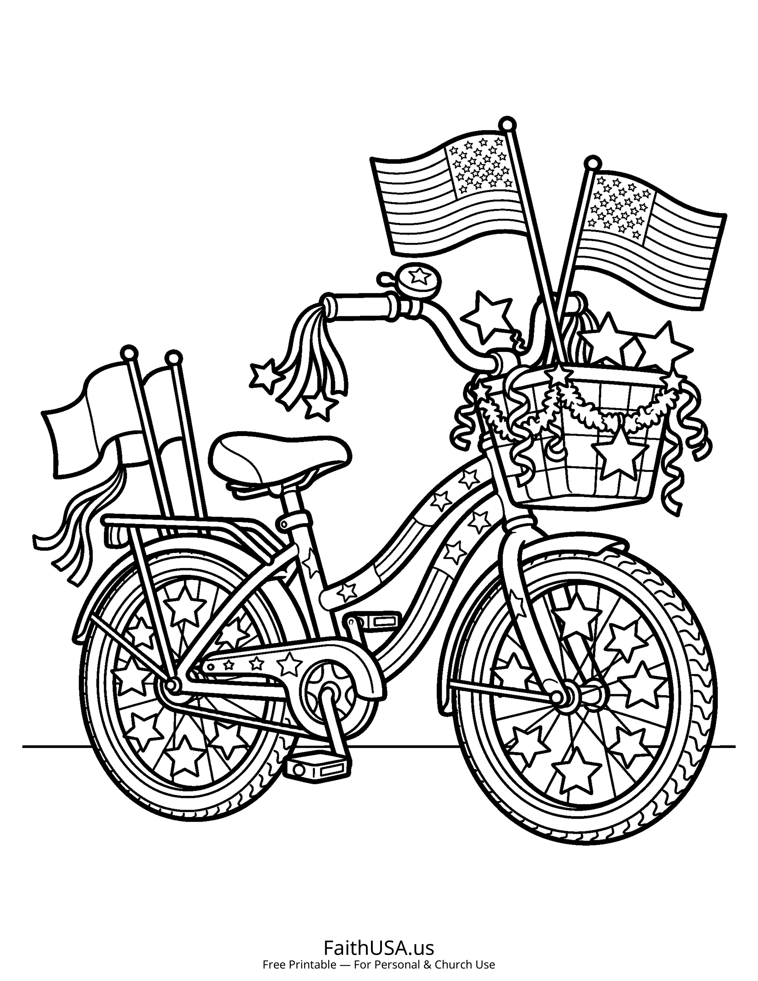 Free printable simple patriotic bicycle coloring page PDF for Fourth of July parades, decorations, and summer activity packets