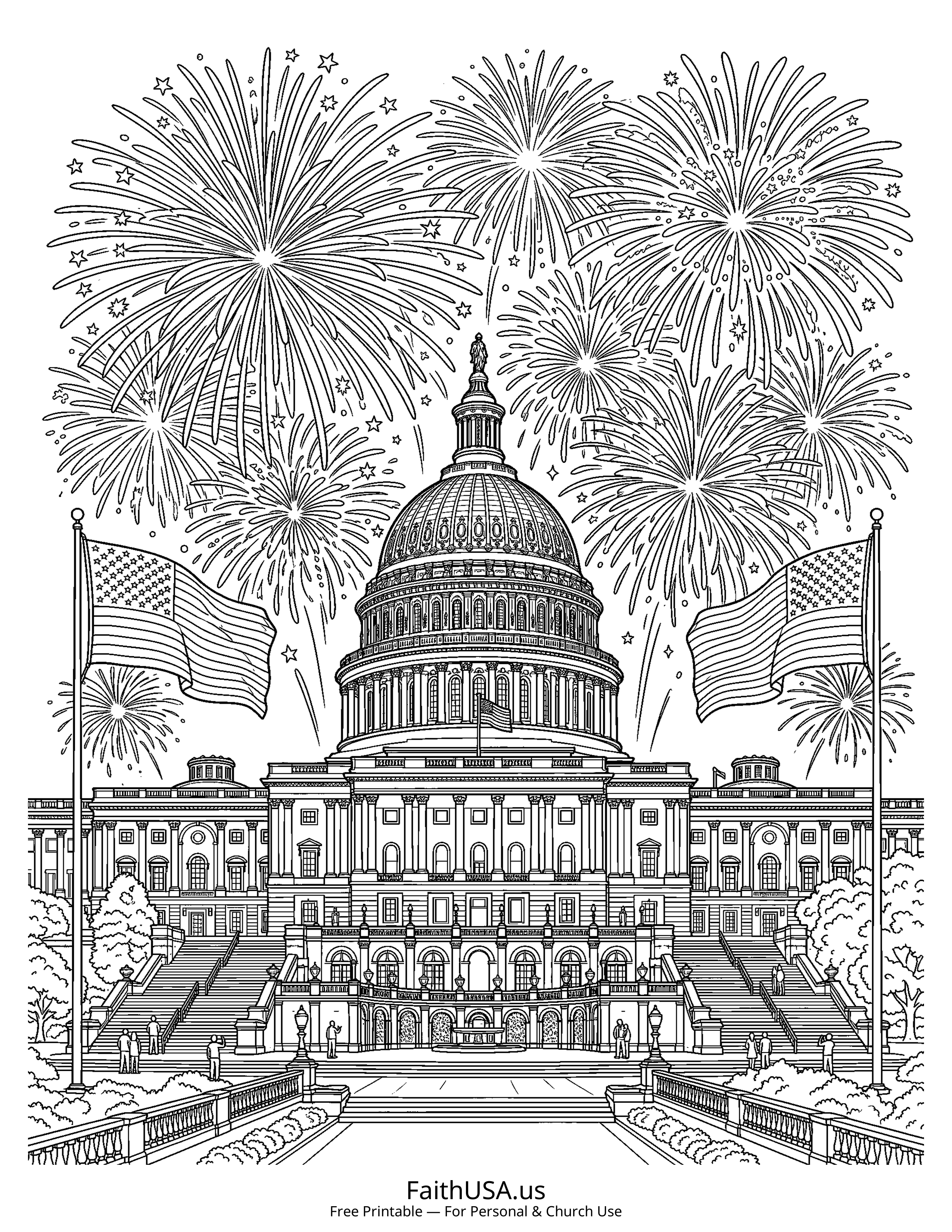 Free printable detailed Fourth of July fireworks coloring page PDF for Fourth of July classroom and family activities
