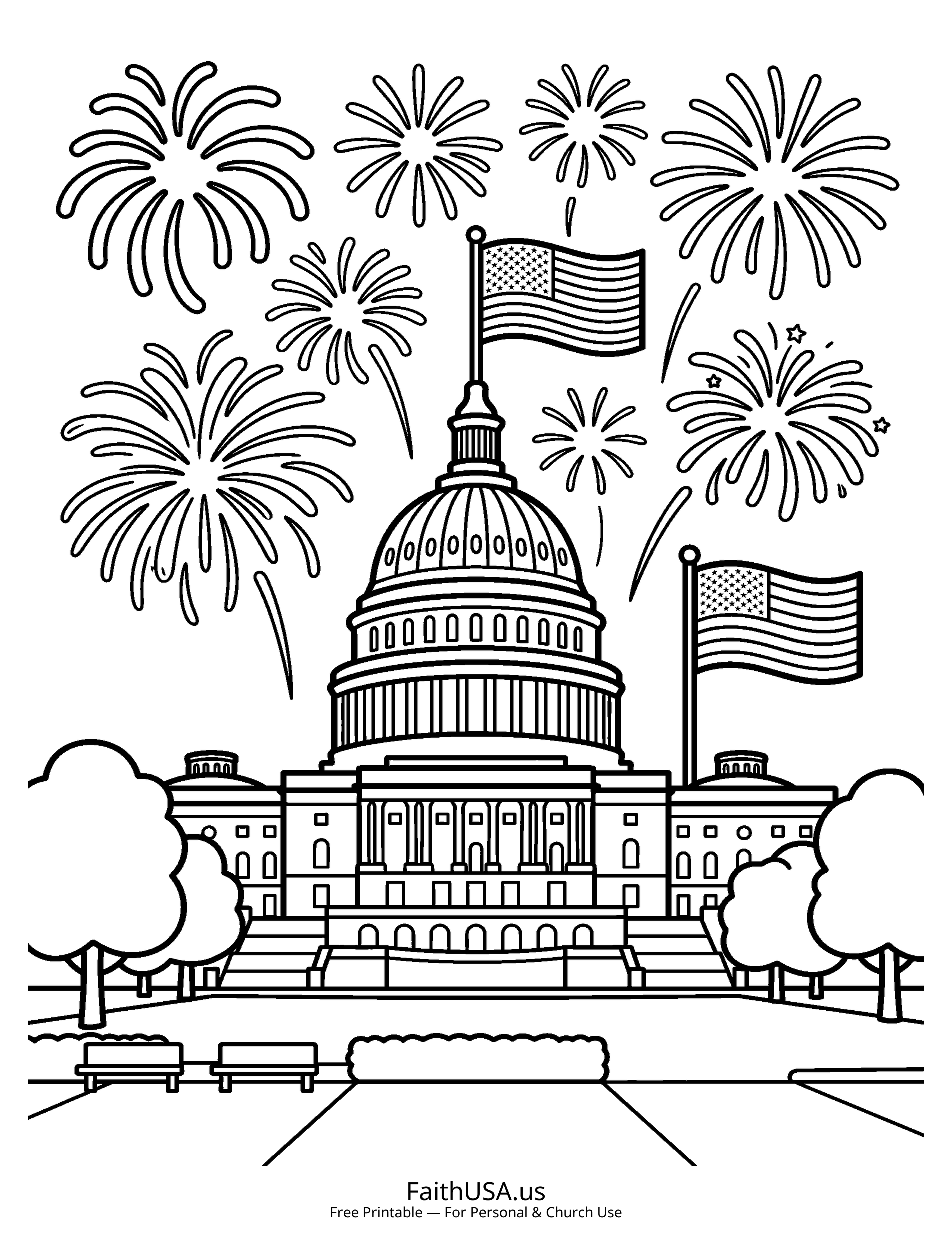 Free printable simple Fourth of July fireworks coloring page PDF for July 4th kids activities