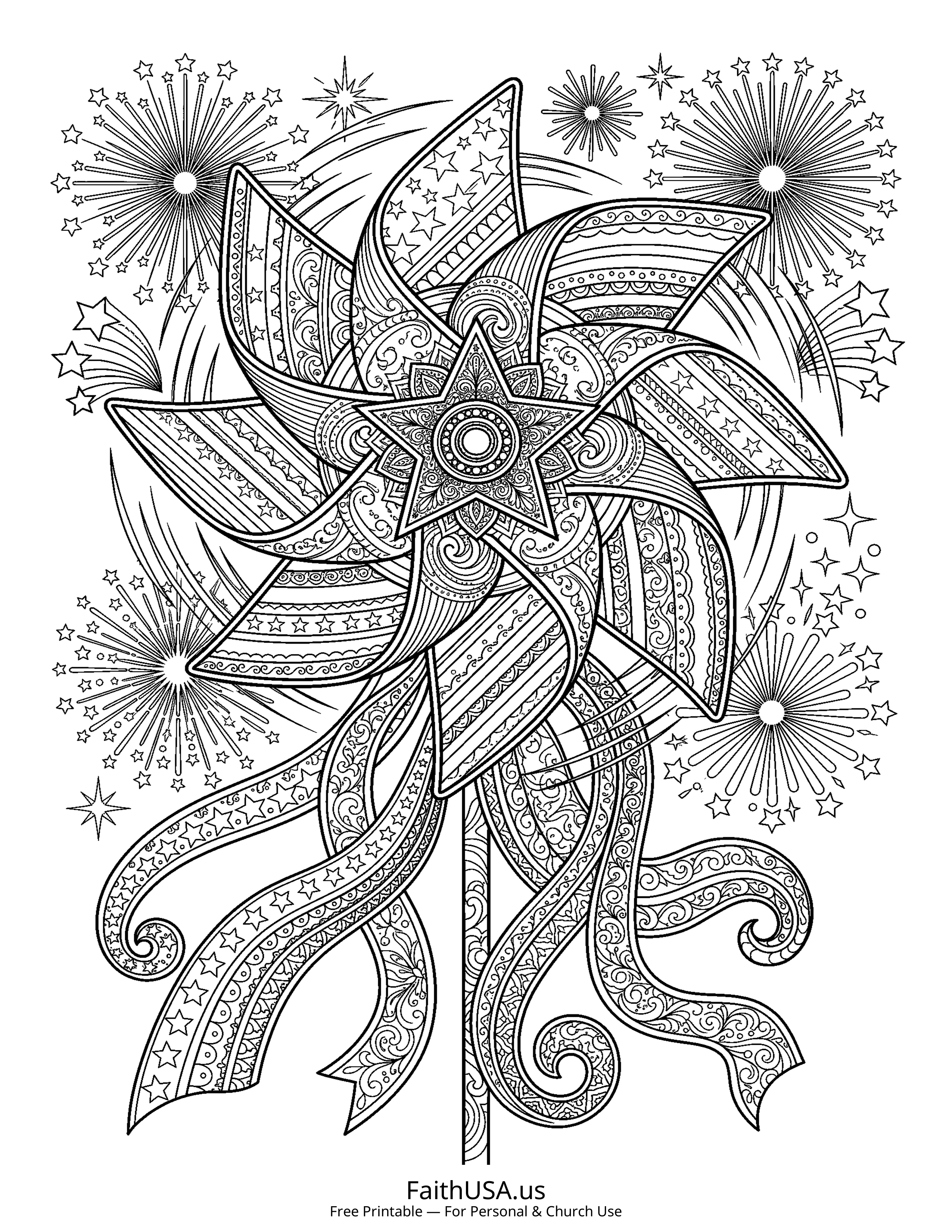 Free printable detailed patriotic pinwheel coloring page PDF for Fourth of July parades, decorations, and summer activity packets