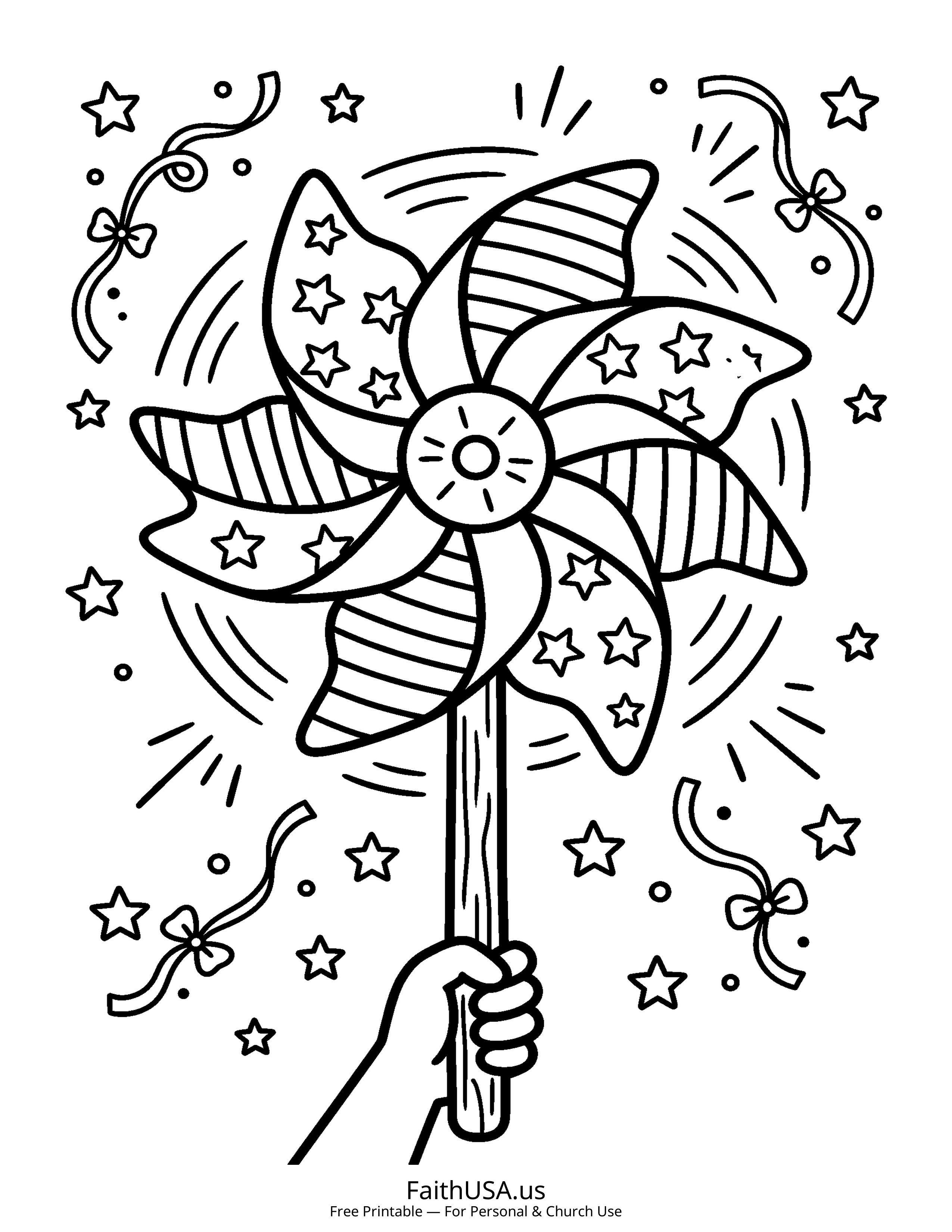 Free printable simple patriotic pinwheel coloring page PDF for Fourth of July parades, decorations, and summer activity packets