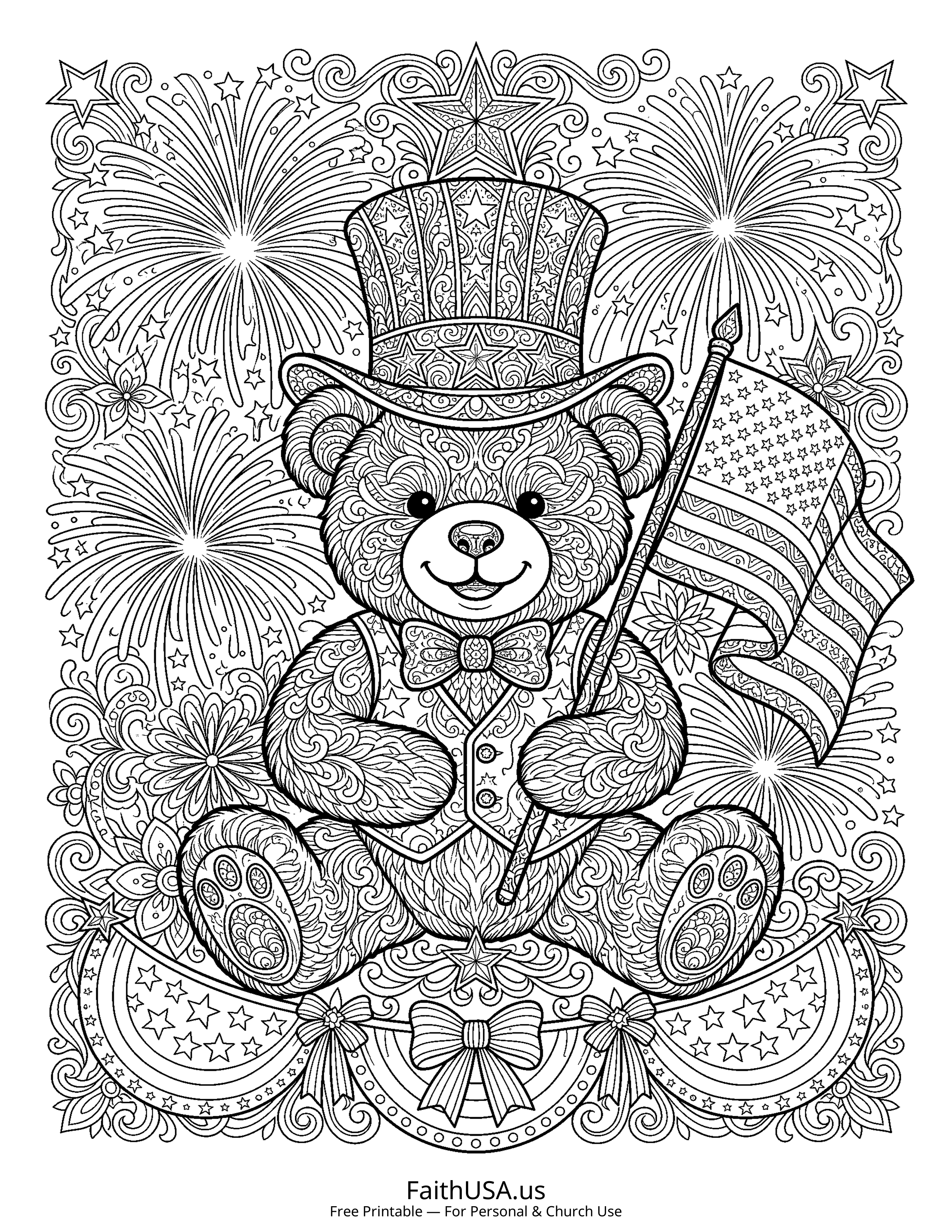 Free printable detailed patriotic teddy bear coloring page PDF for July 4th parties, cookouts, and kids summer activities