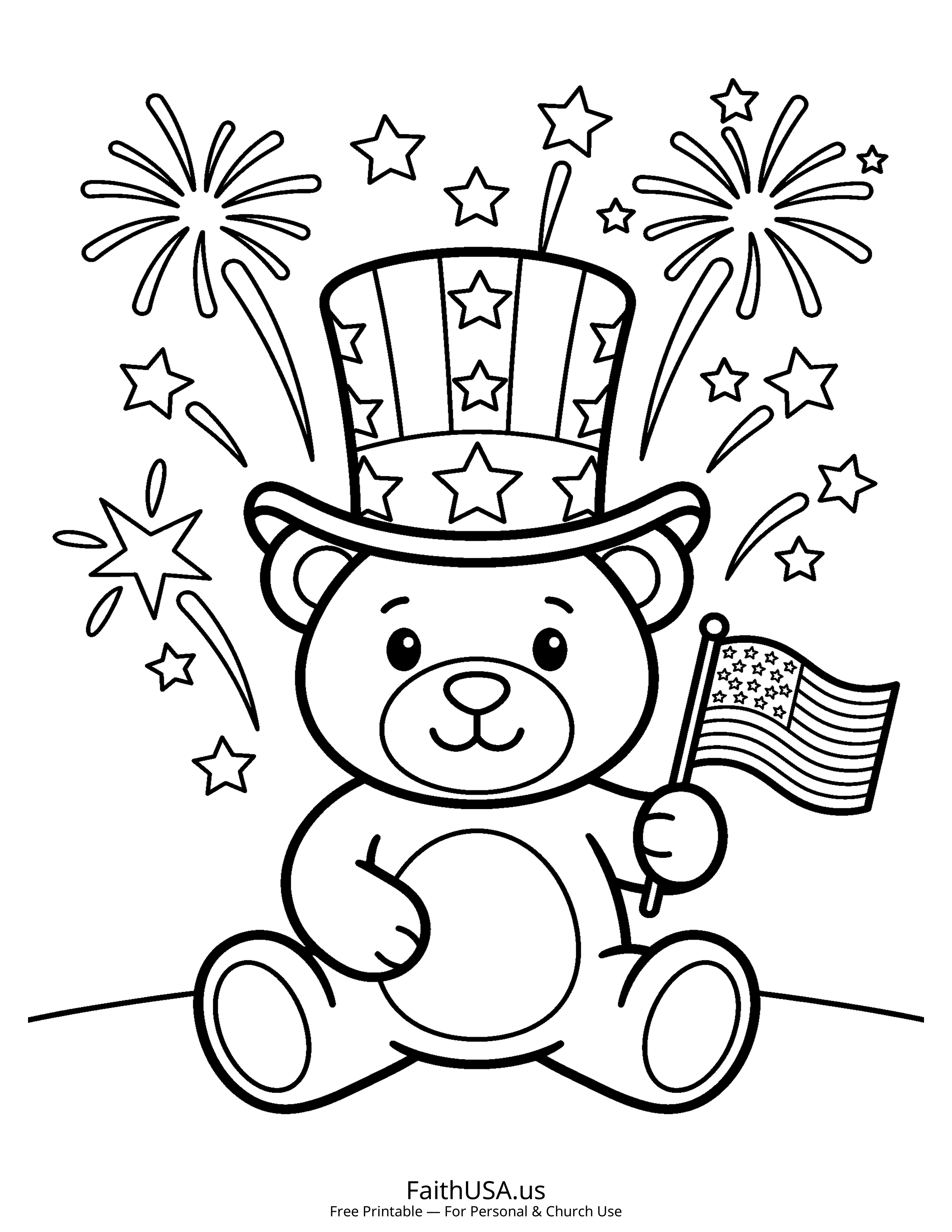 Free printable simple patriotic teddy bear coloring page PDF for July 4th parties, cookouts, and kids summer activities