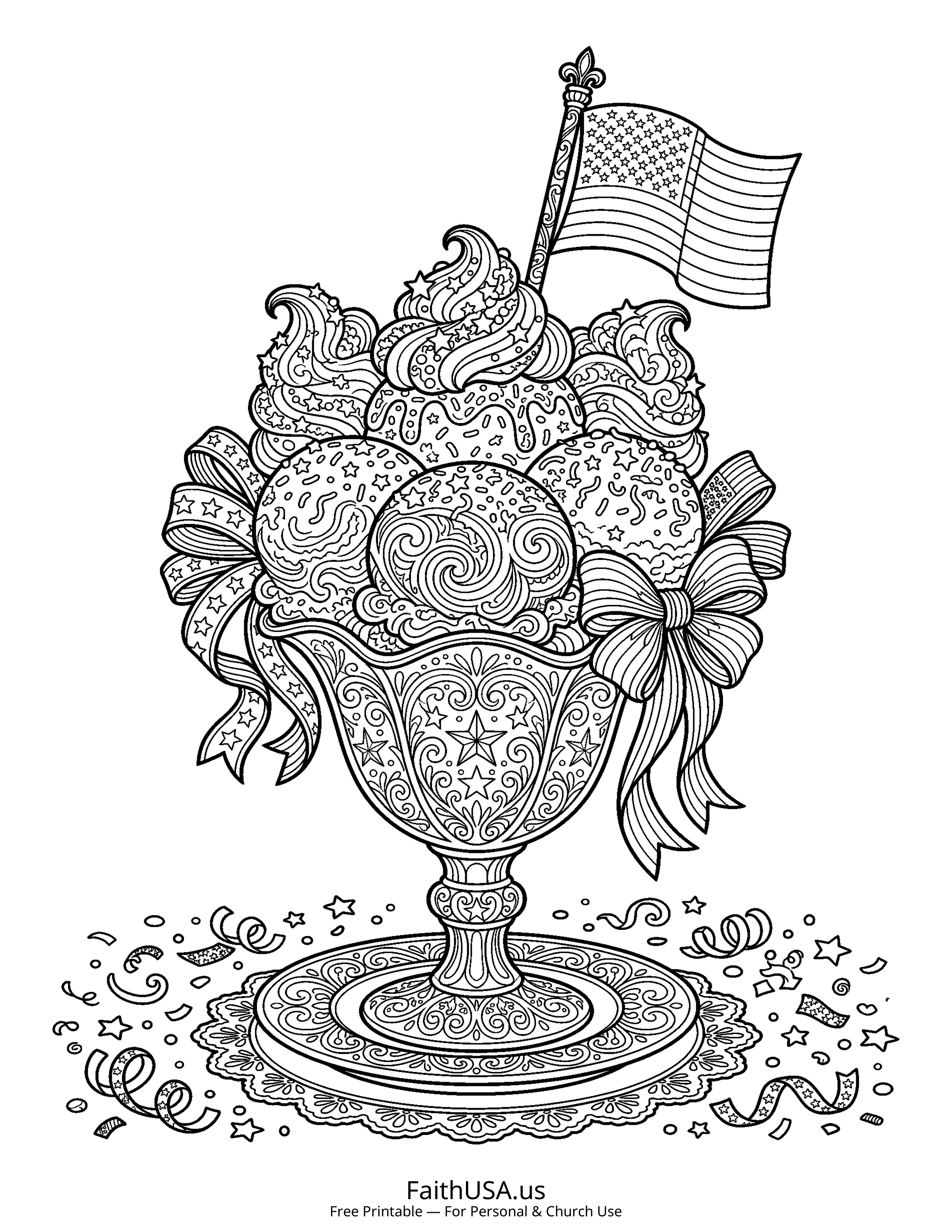 Free printable detailed patriotic ice cream coloring page PDF for July 4th parties, cookouts, and kids summer activities