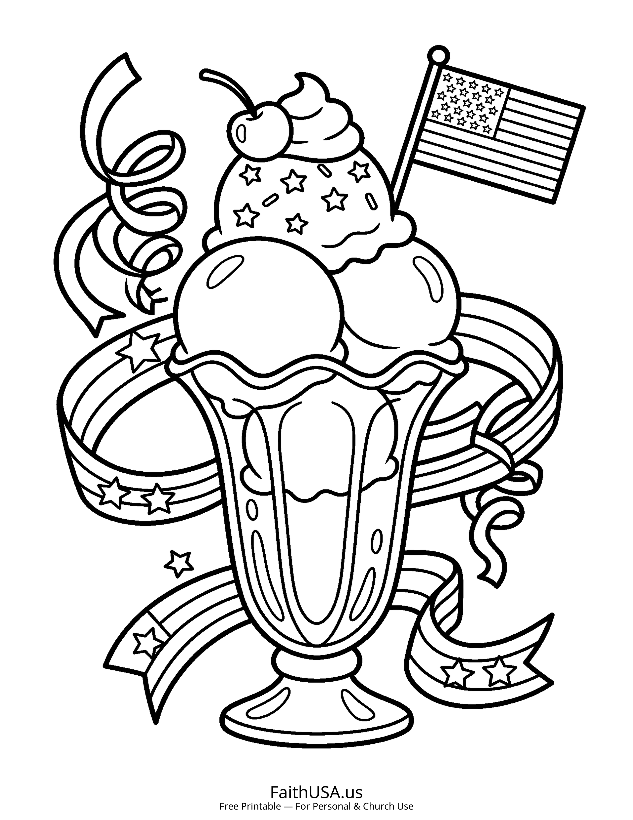Free printable simple patriotic ice cream coloring page PDF for July 4th parties, cookouts, and kids summer activities