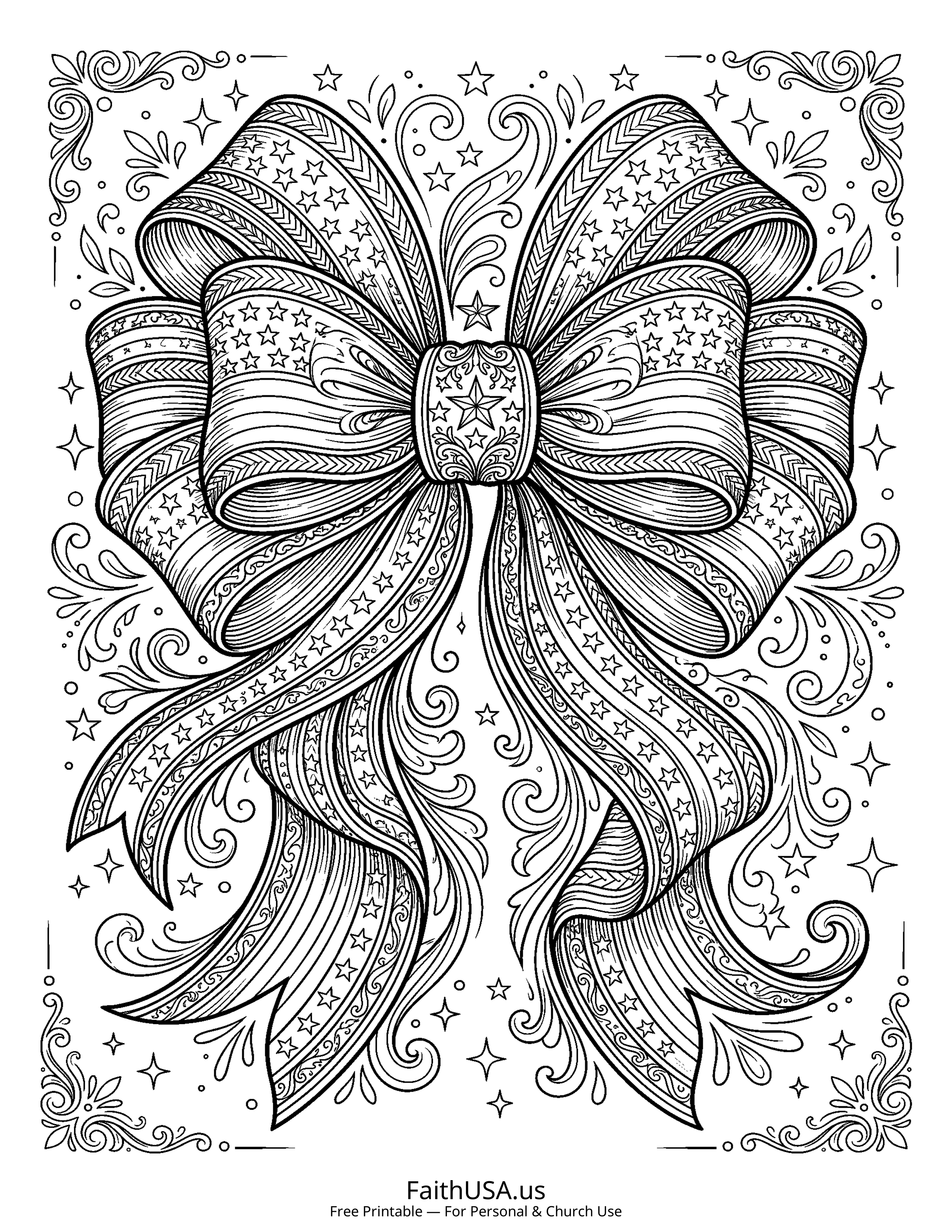 Free printable detailed patriotic bow coloring page PDF for Fourth of July parades, decorations, and summer activity packets