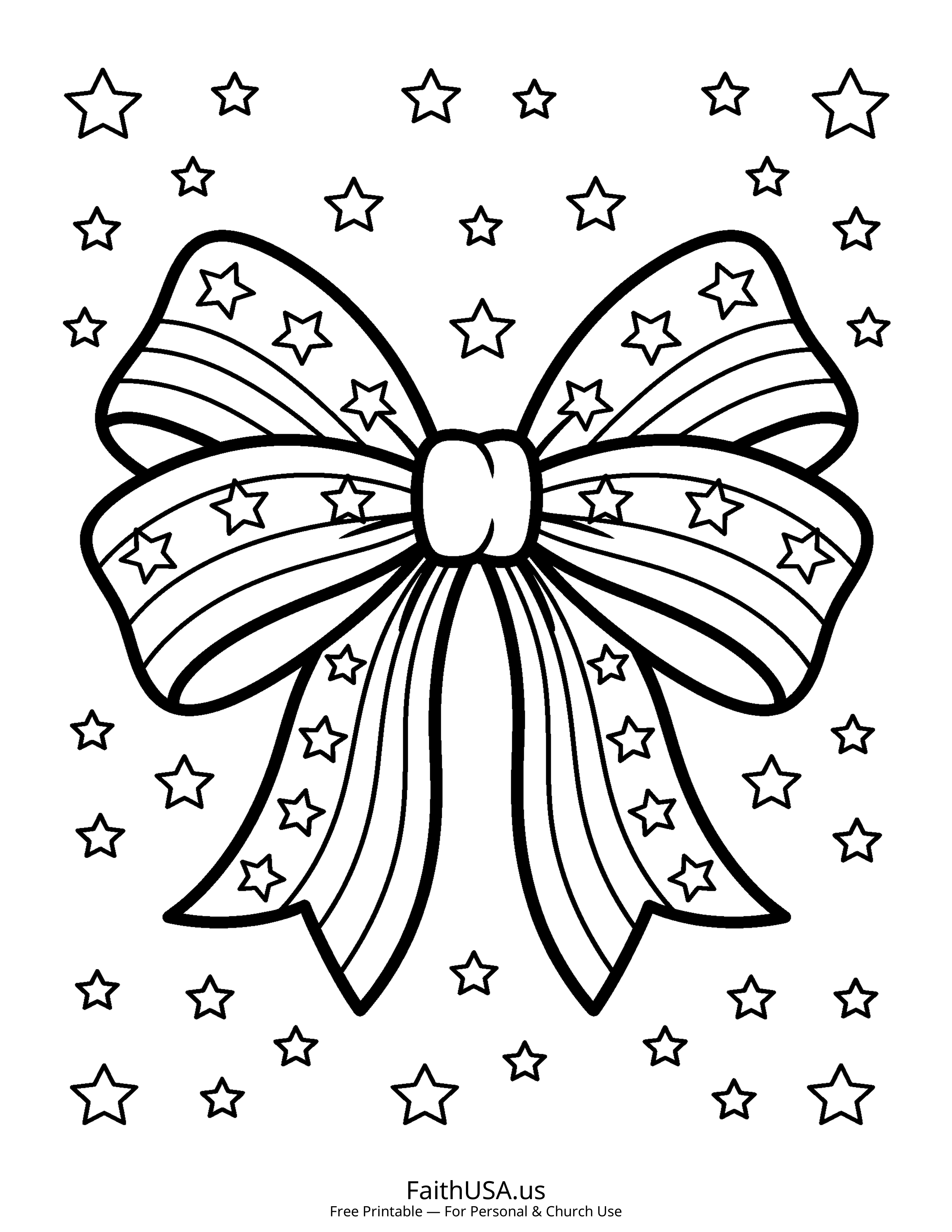 Free printable simple patriotic bow coloring page PDF for Fourth of July parades, decorations, and summer activity packets
