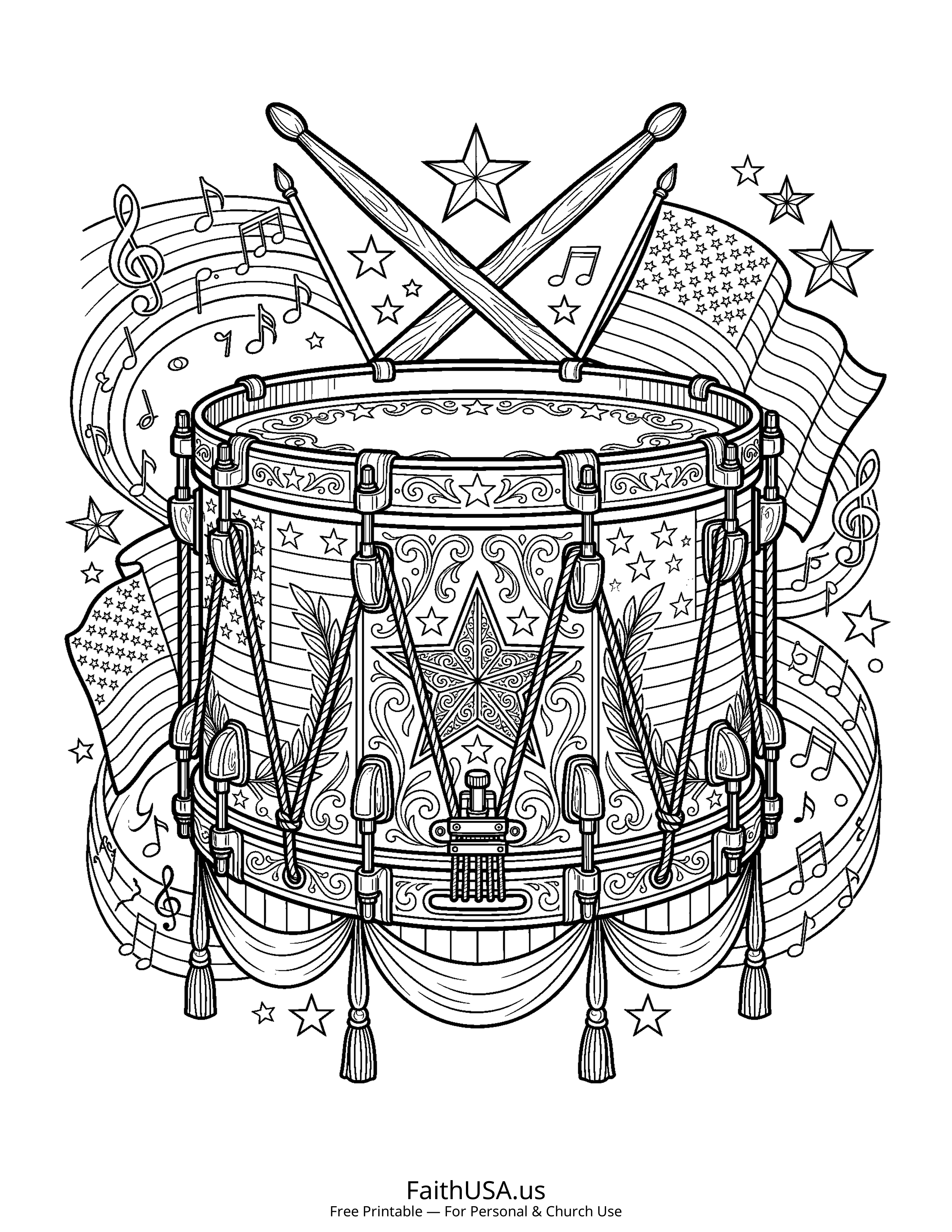 Free printable detailed patriotic drum coloring page PDF for Independence Day and American history lessons
