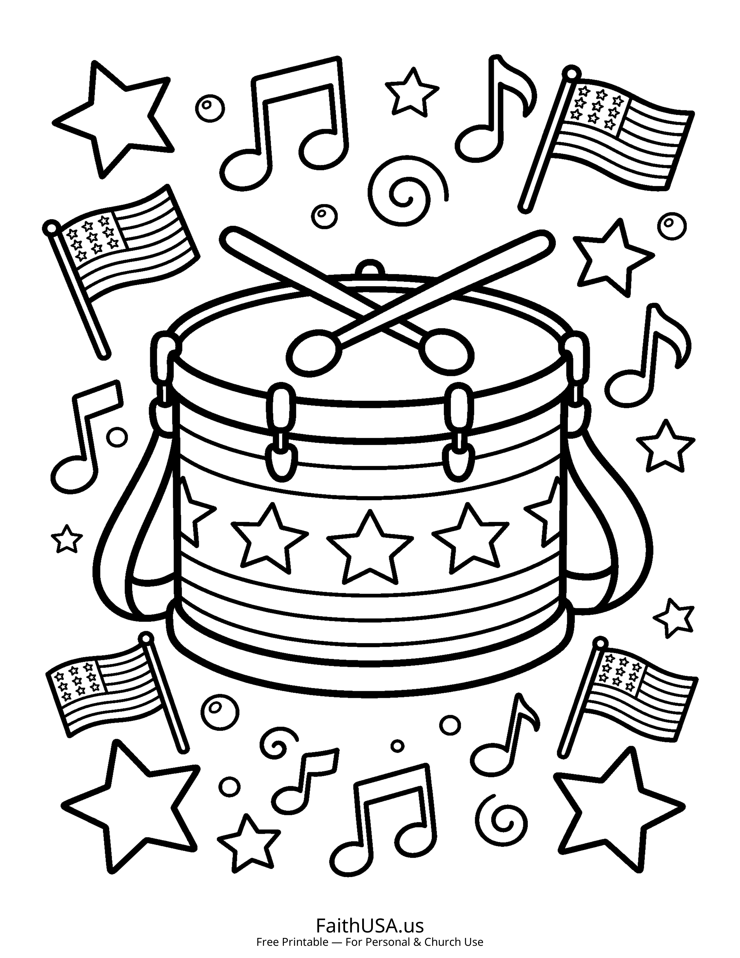 Free printable simple patriotic drum coloring page PDF for Independence Day and American history lessons