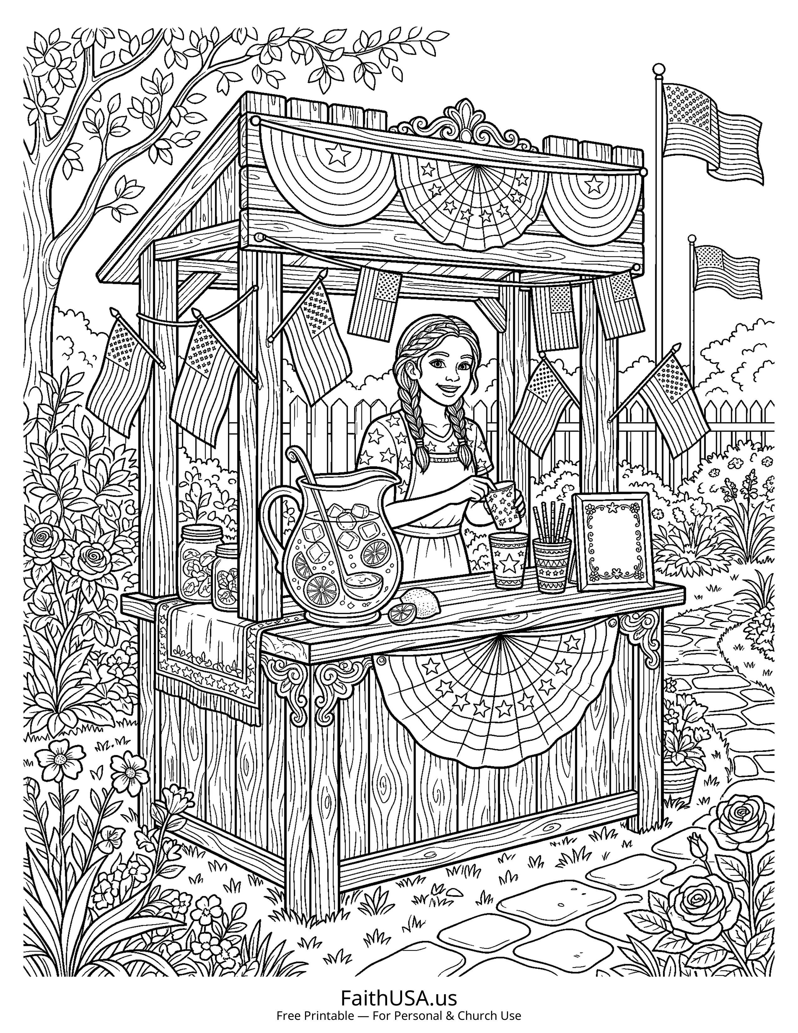 Free printable detailed Fourth of July lemonade stand coloring page PDF for July 4th parties, cookouts, and kids summer activities