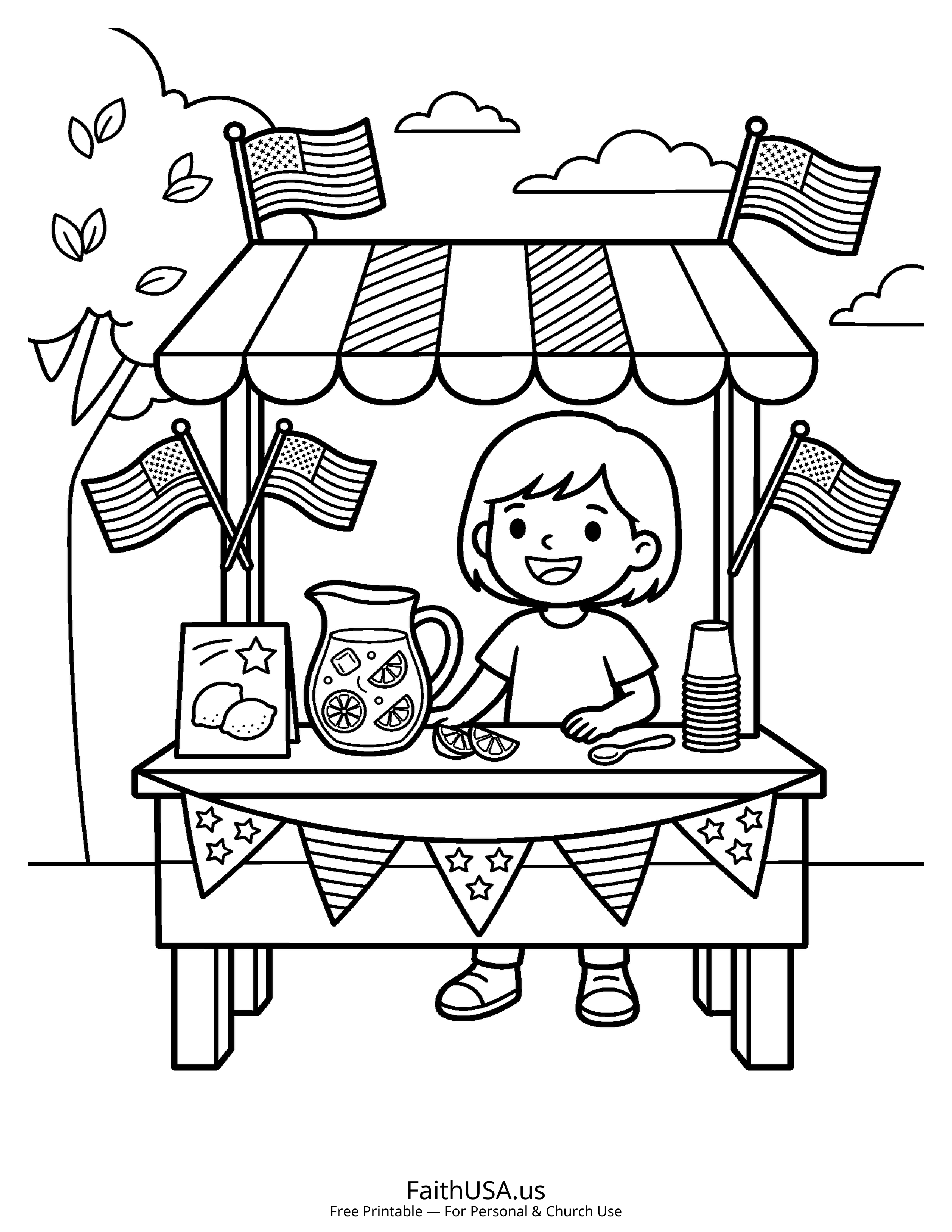 Free printable simple Fourth of July lemonade stand coloring page PDF for July 4th parties, cookouts, and kids summer activities