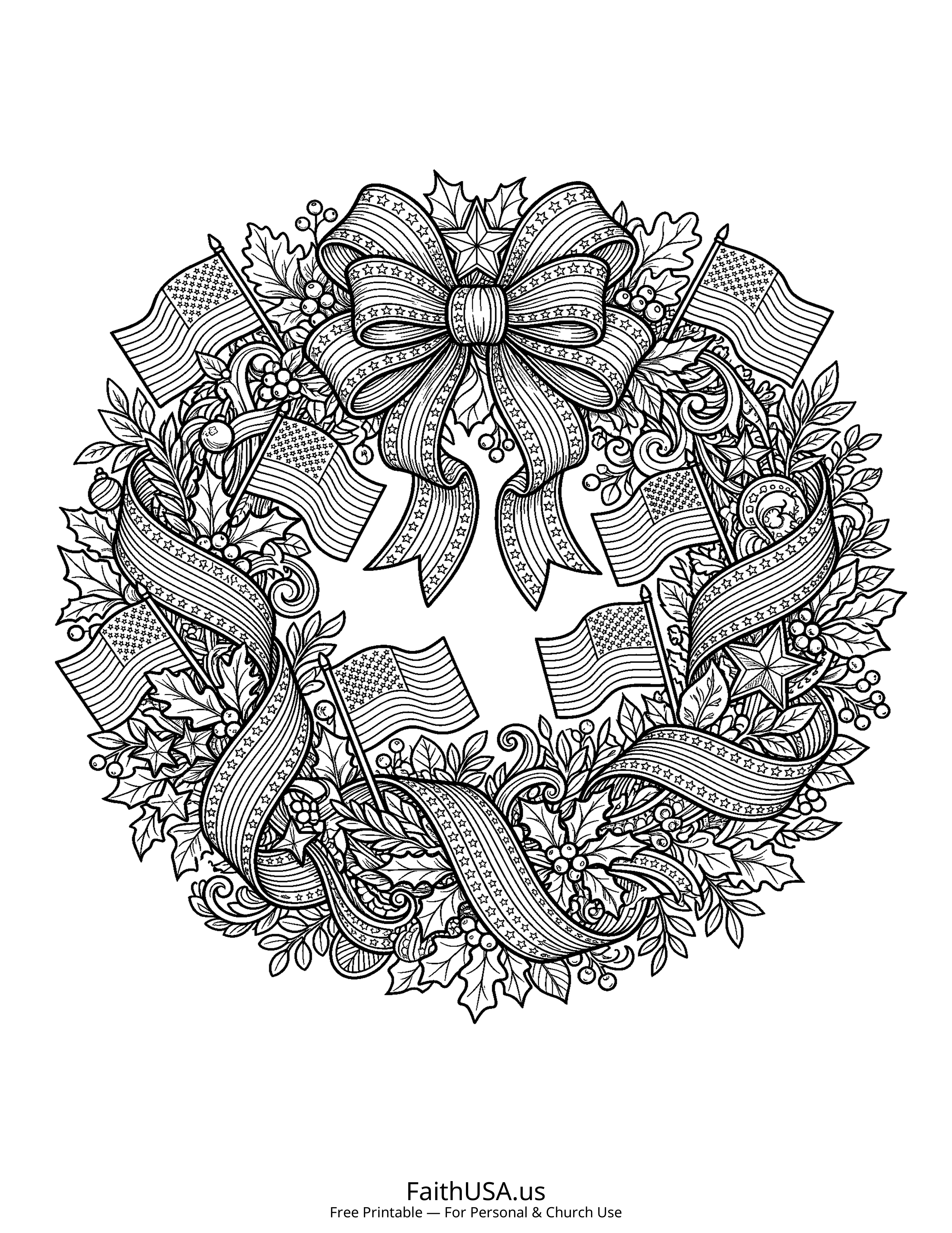 Free printable detailed patriotic wreath coloring page PDF for Fourth of July parades, decorations, and summer activity packets
