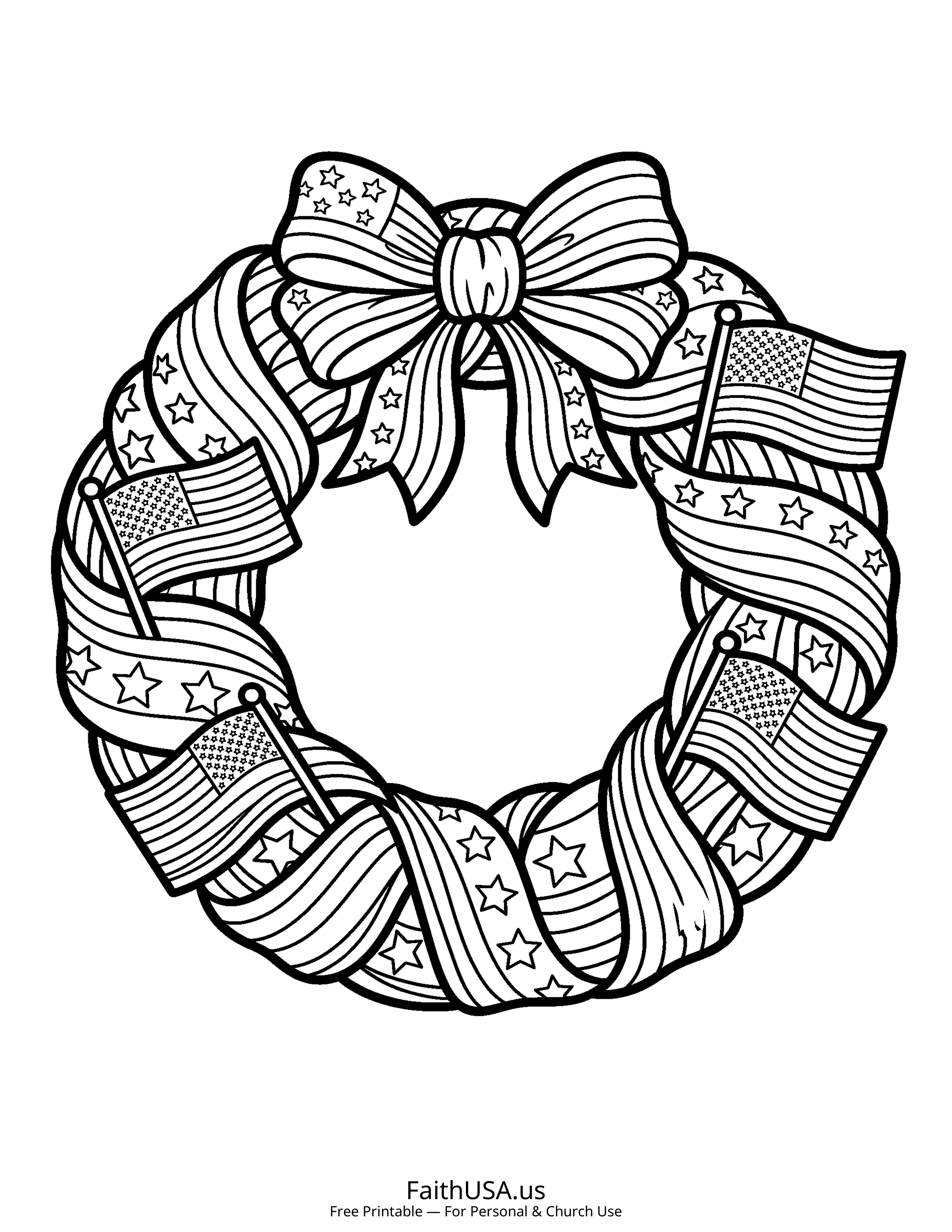 Free printable simple patriotic wreath coloring page PDF for Fourth of July parades, decorations, and summer activity packets