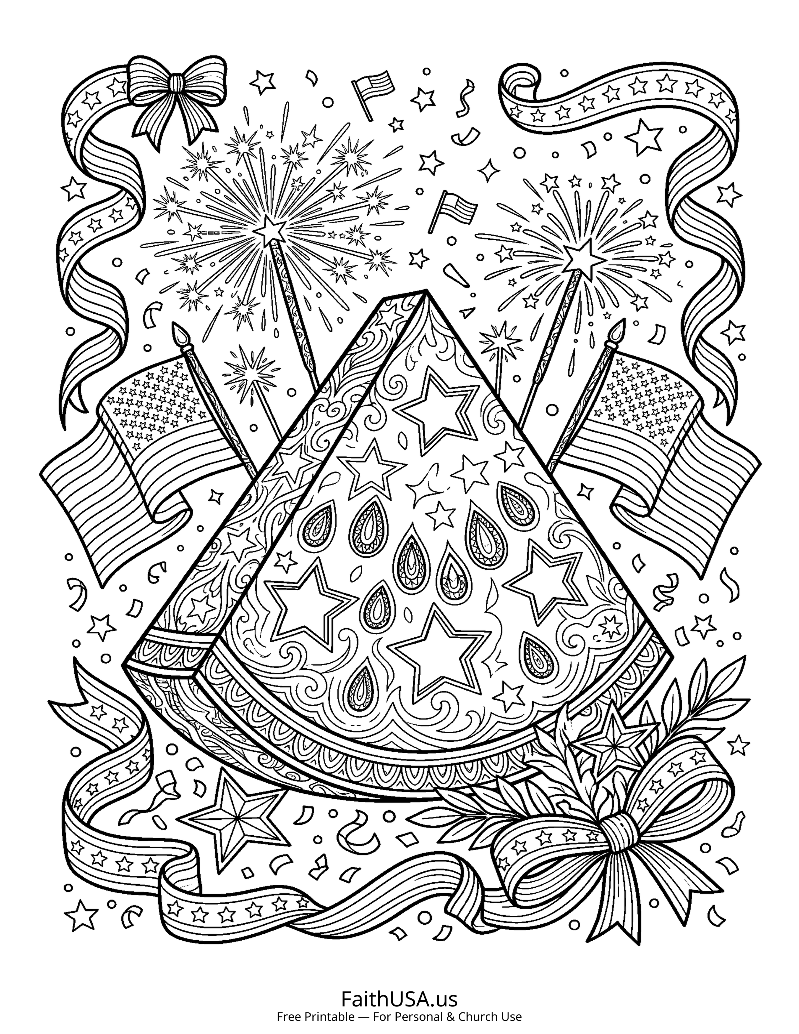 Free printable detailed patriotic watermelon coloring page PDF for July 4th parties, cookouts, and kids summer activities