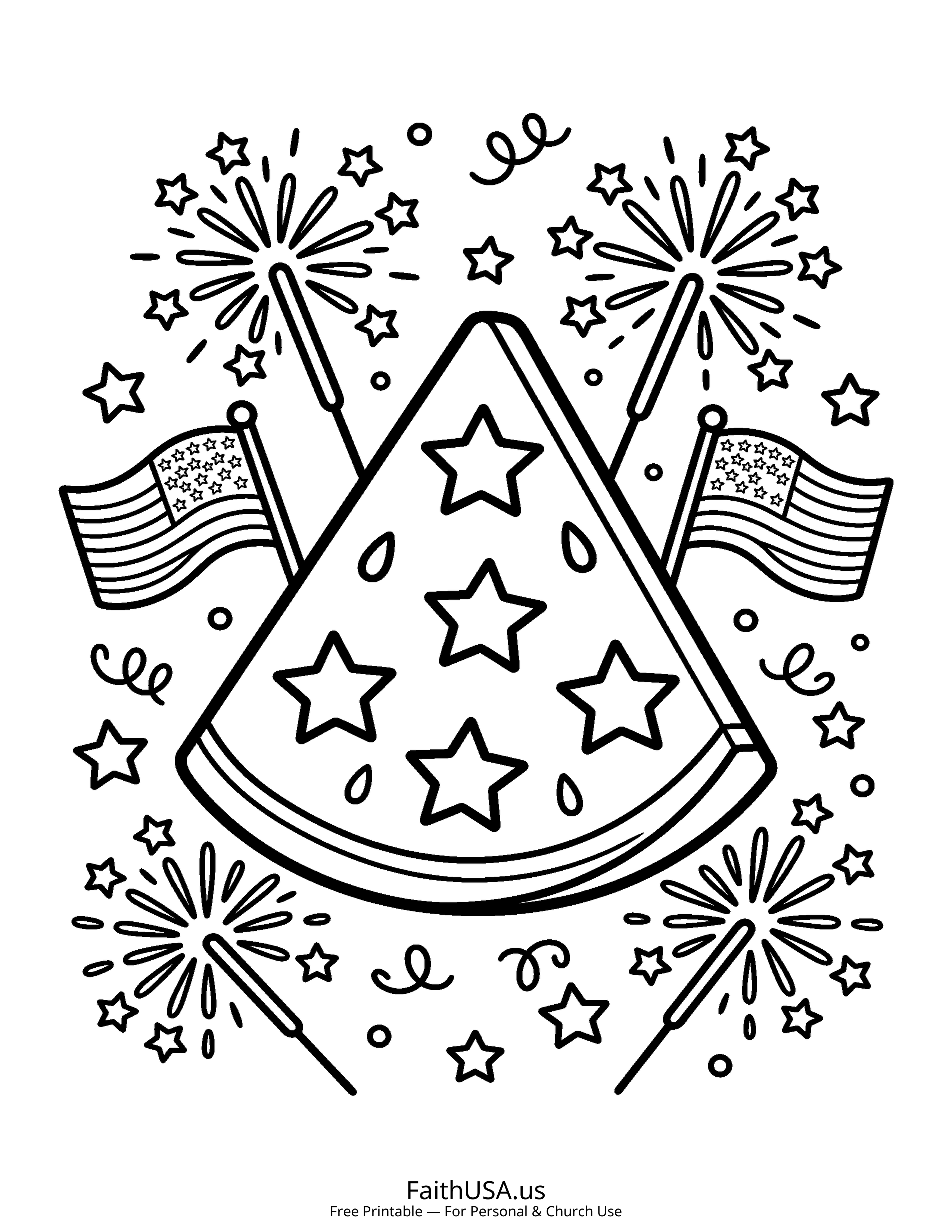 Free printable simple patriotic watermelon coloring page PDF for July 4th parties, cookouts, and kids summer activities