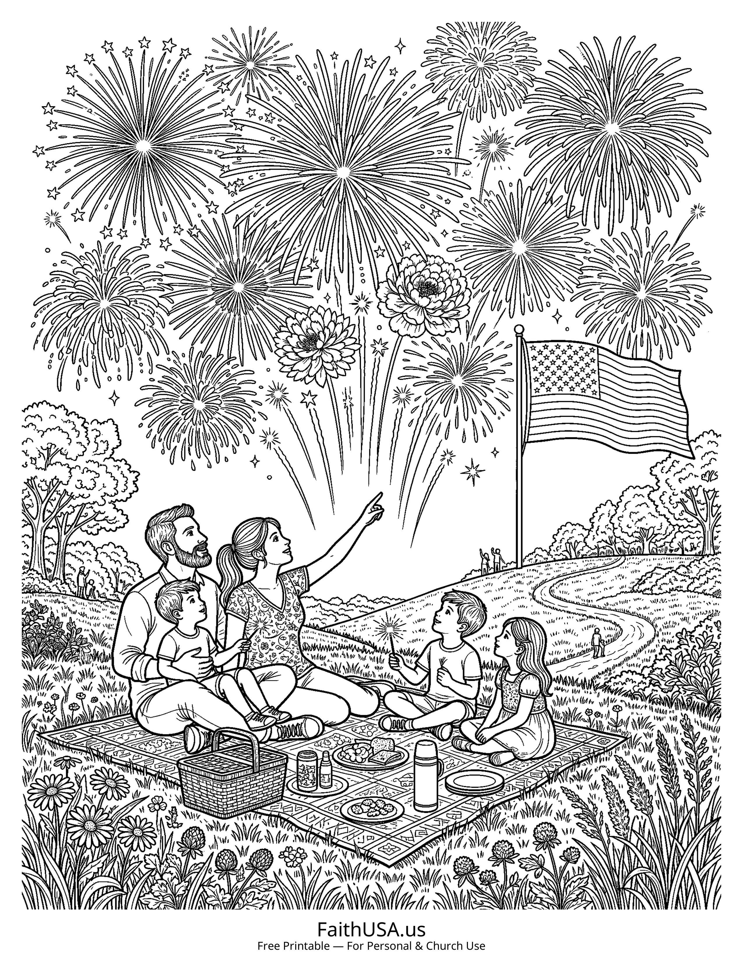 Free printable detailed Fourth of July fireworks coloring page PDF for Fourth of July classroom and family activities