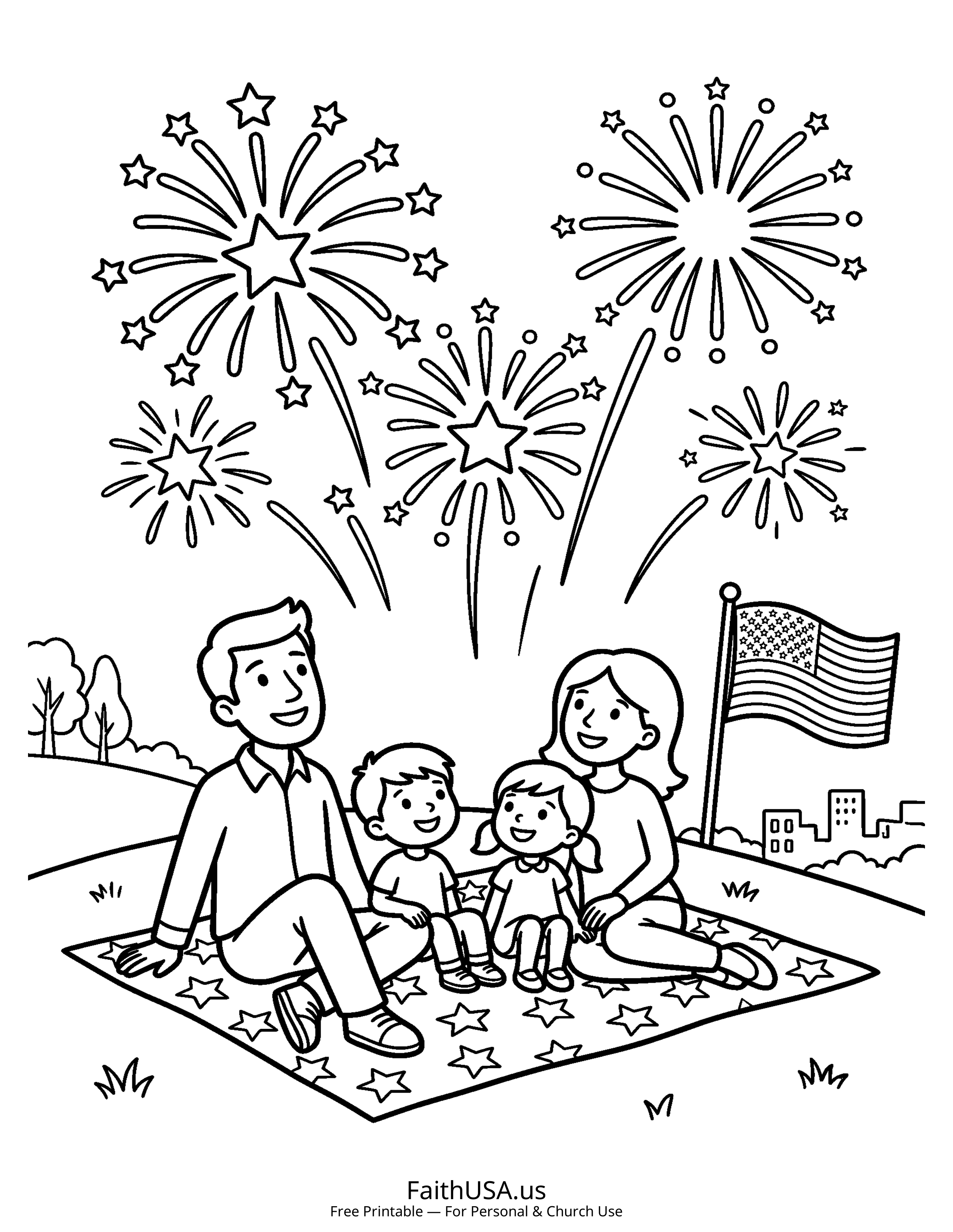 Free printable simple Fourth of July fireworks coloring page PDF for July 4th kids activities