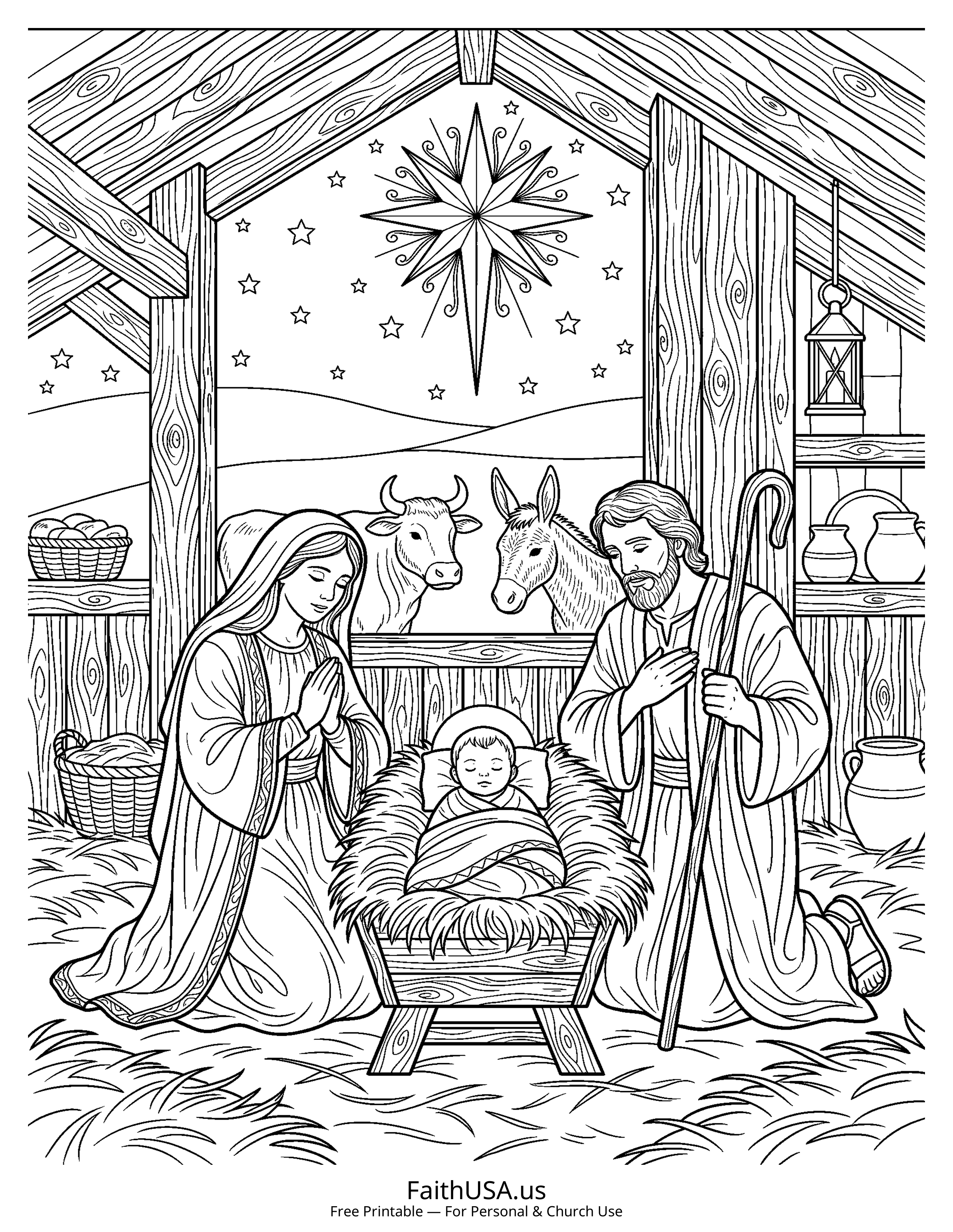 Jesus coloring page featuring Baby Jesus in the Manger in detailed black-and-white line art