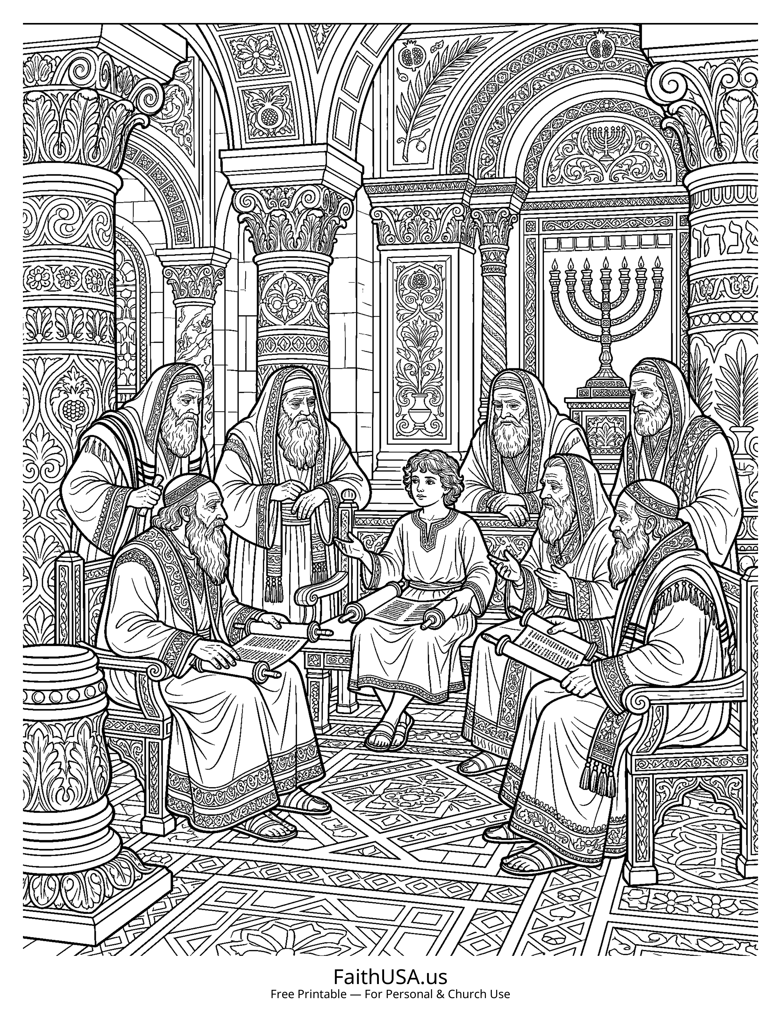 Jesus coloring page featuring Young Jesus in the Temple in detailed black-and-white line art