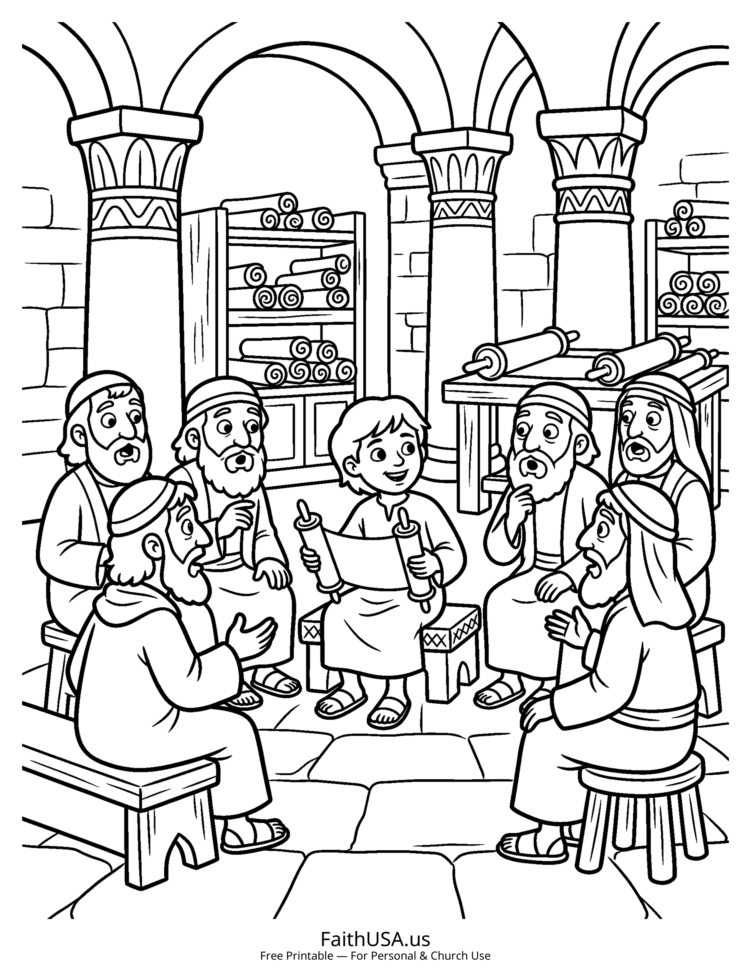 Jesus coloring page featuring Young Jesus in the Temple in simple black-and-white line art