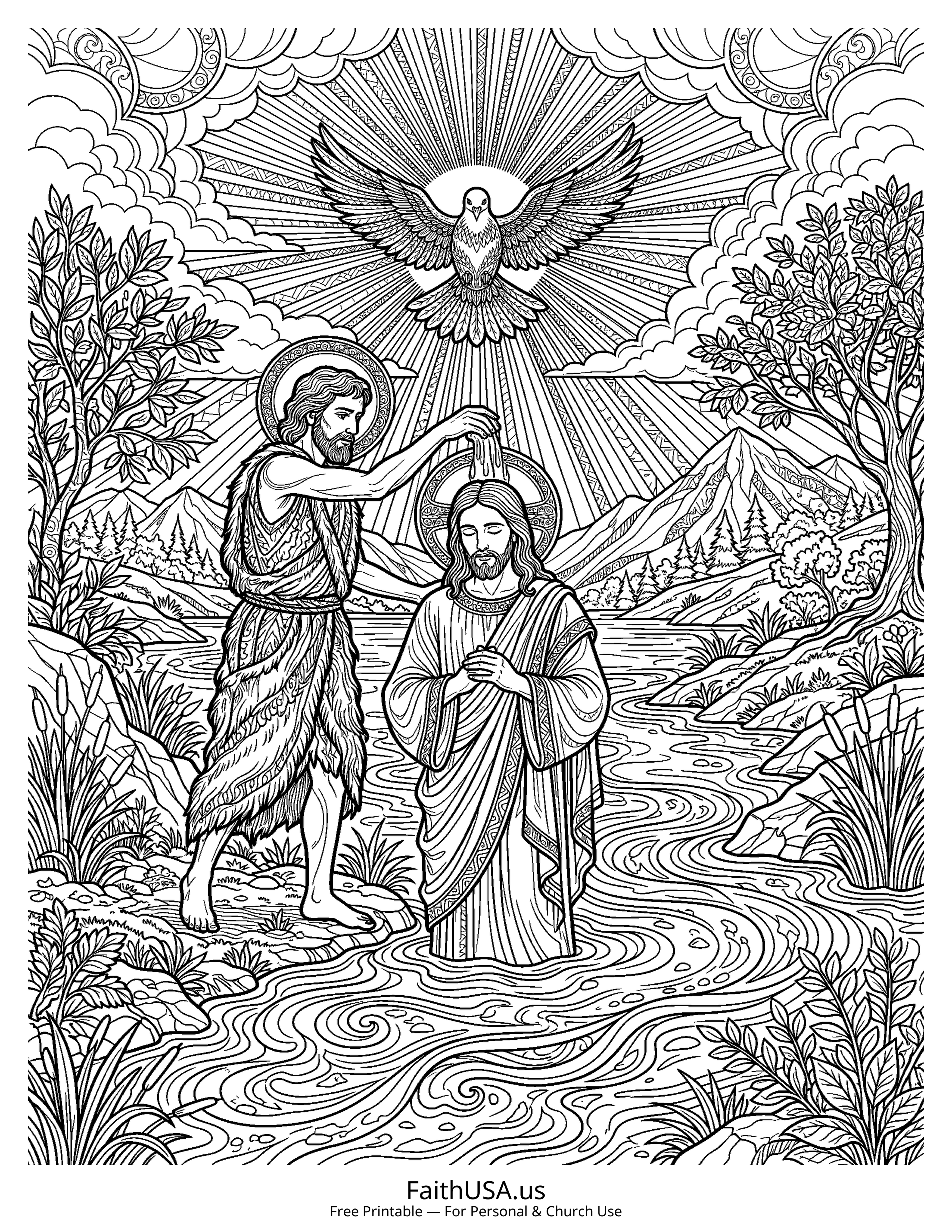Jesus coloring page featuring Baptism of Jesus in detailed black-and-white line art