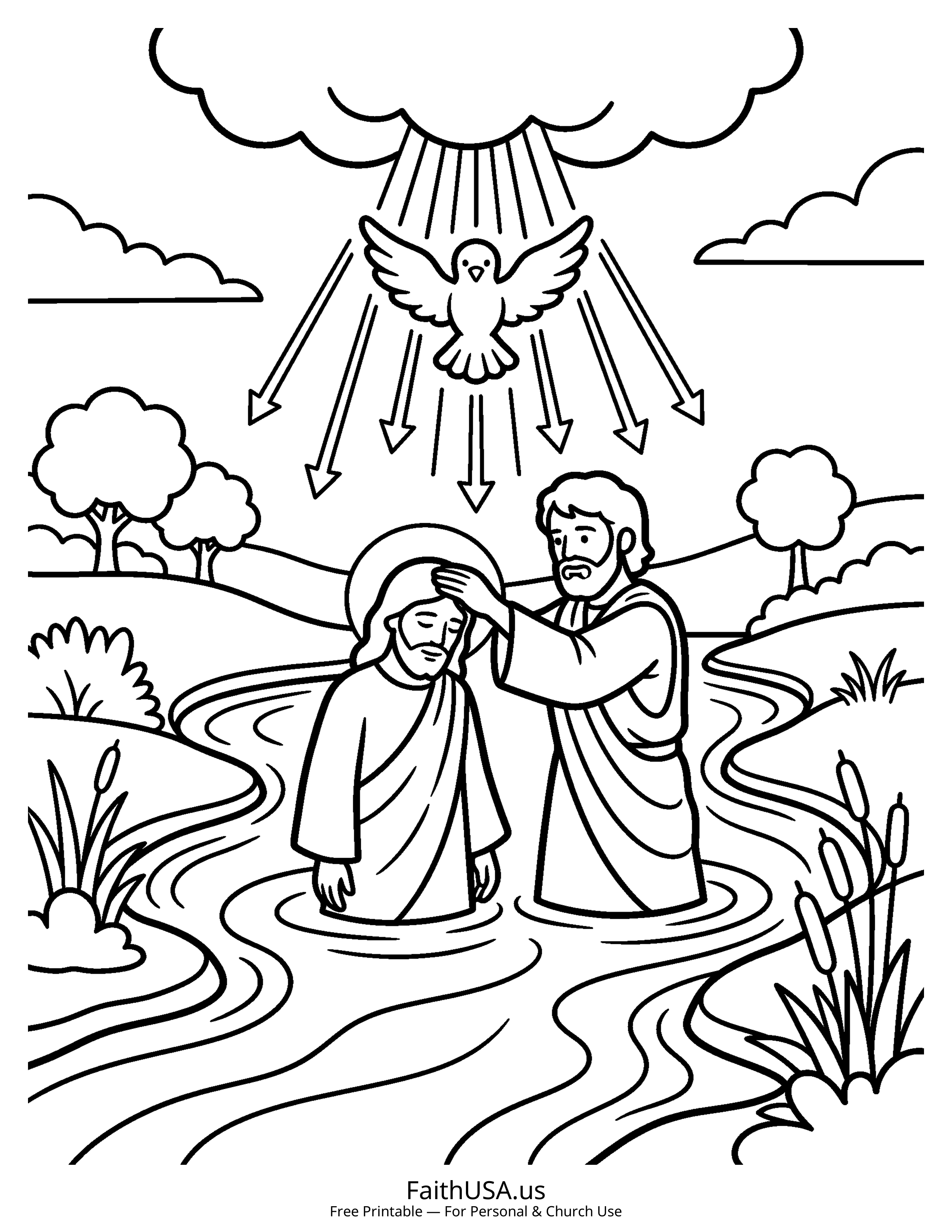 Jesus coloring page featuring Baptism of Jesus in simple black-and-white line art