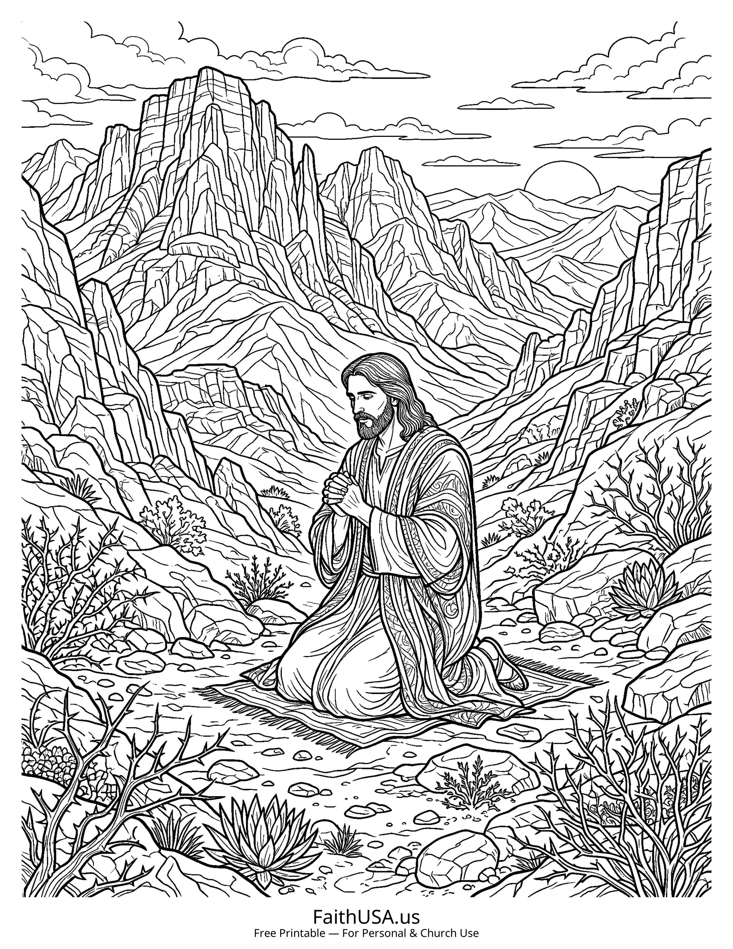 Jesus coloring page featuring Jesus in the Wilderness in detailed black-and-white line art