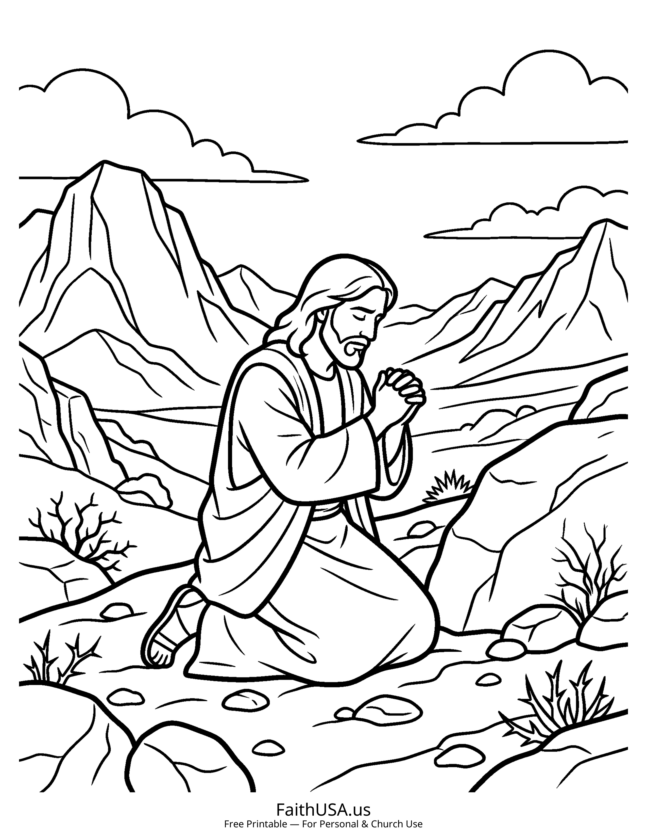 Jesus coloring page featuring Jesus in the Wilderness in simple black-and-white line art