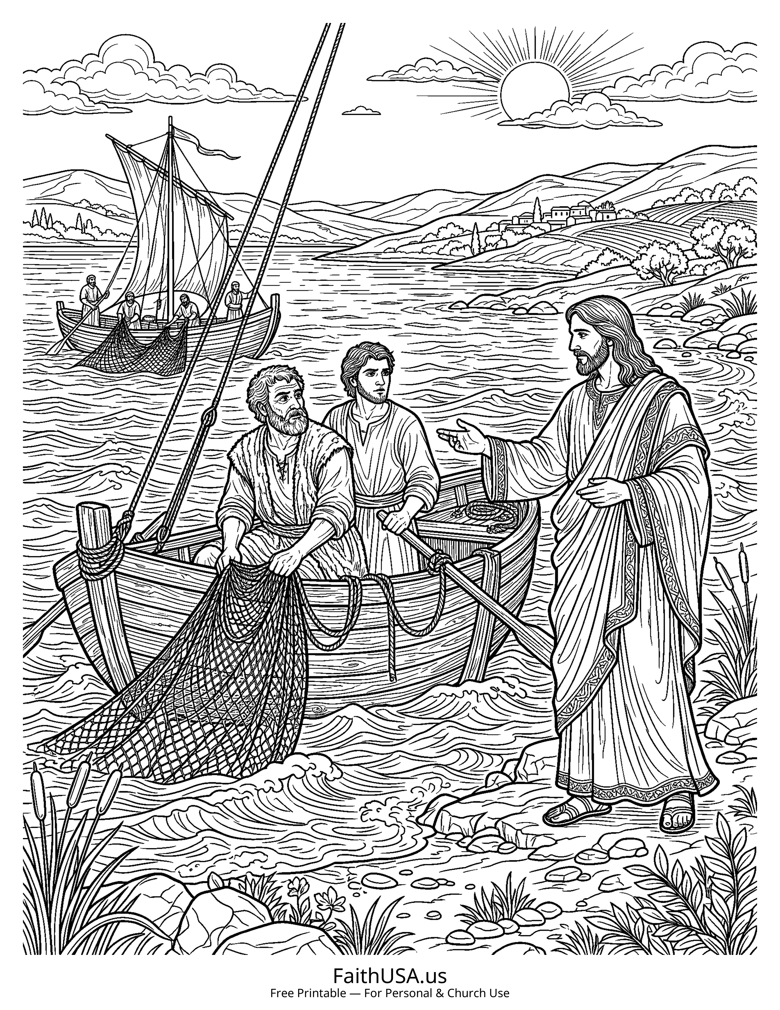 Jesus coloring page featuring Jesus Calling the Disciples in detailed black-and-white line art