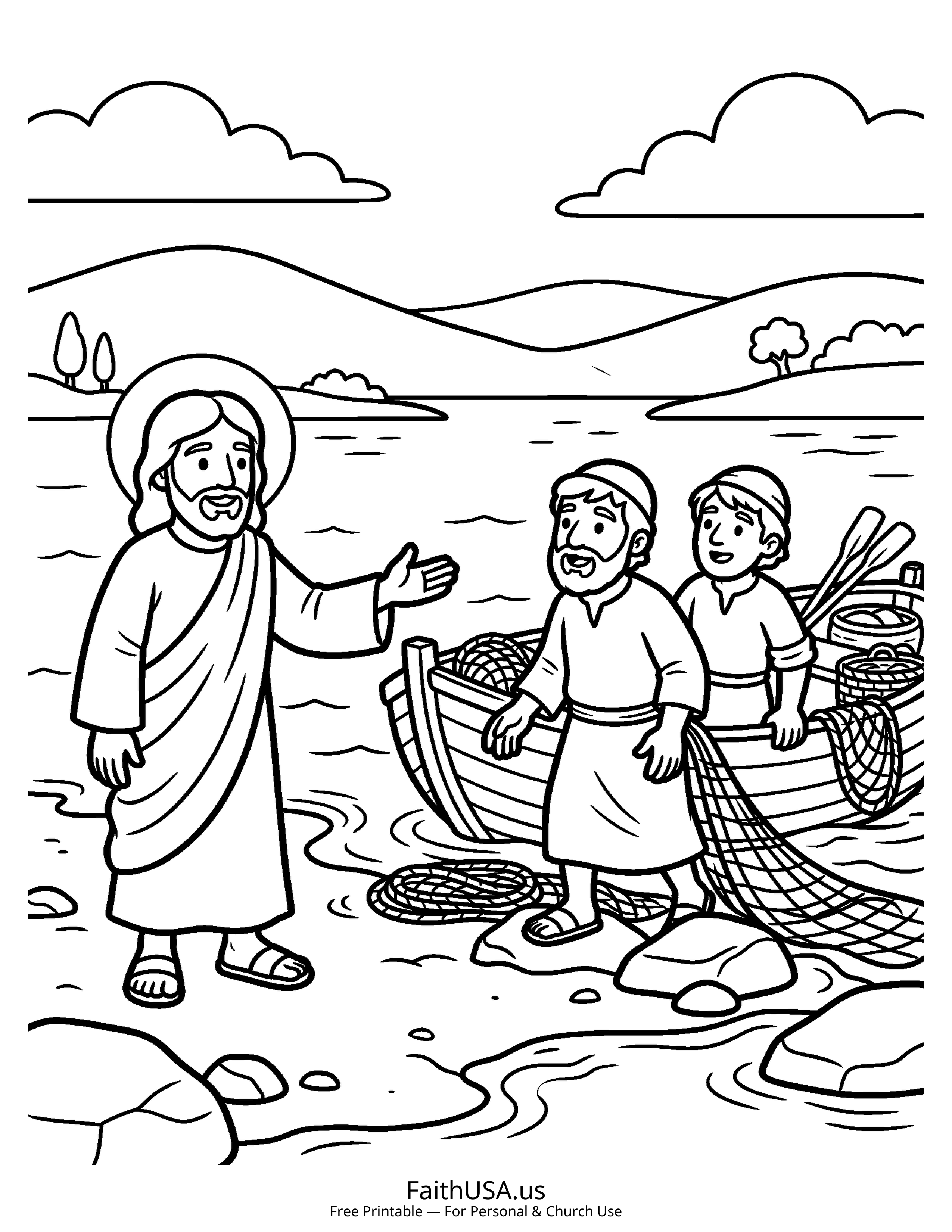 Jesus coloring page featuring Jesus Calling the Disciples in simple black-and-white line art