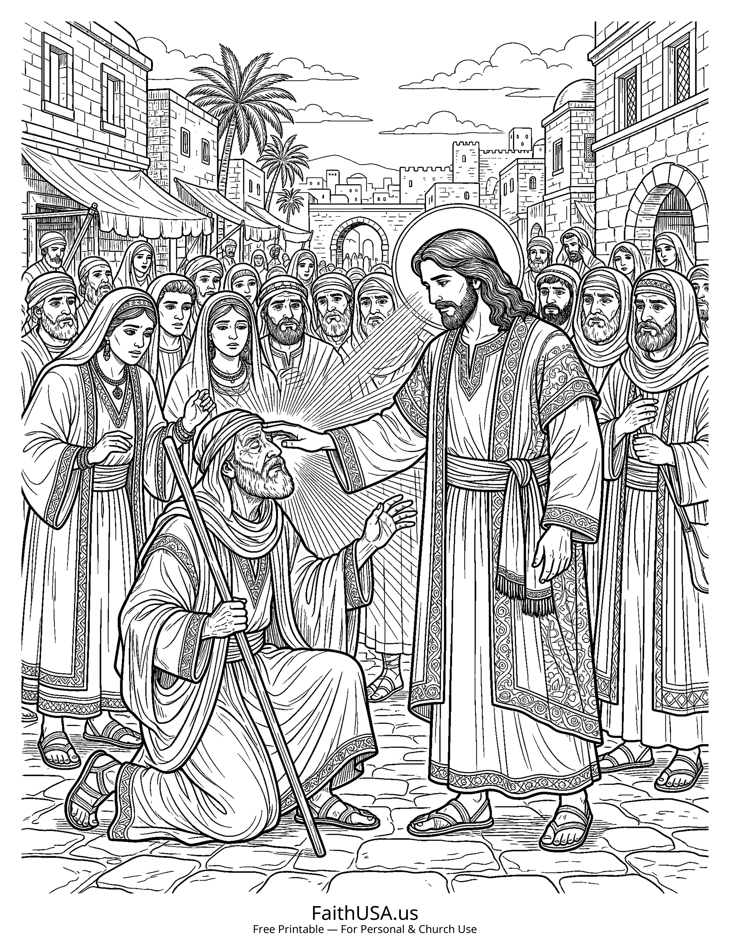 Jesus coloring page featuring Jesus Healing the Blind Man in detailed black-and-white line art
