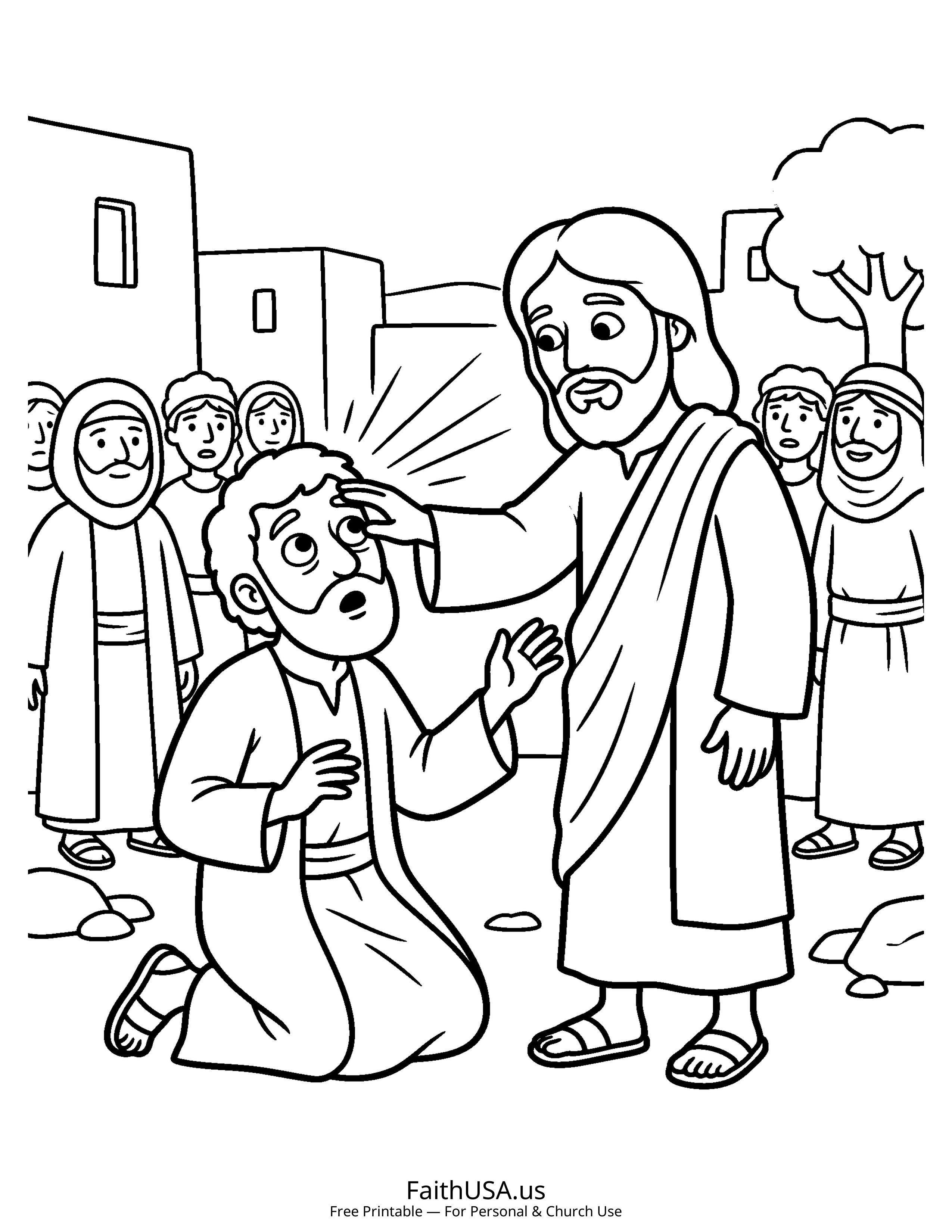 Jesus coloring page featuring Jesus Healing the Blind Man in simple black-and-white line art