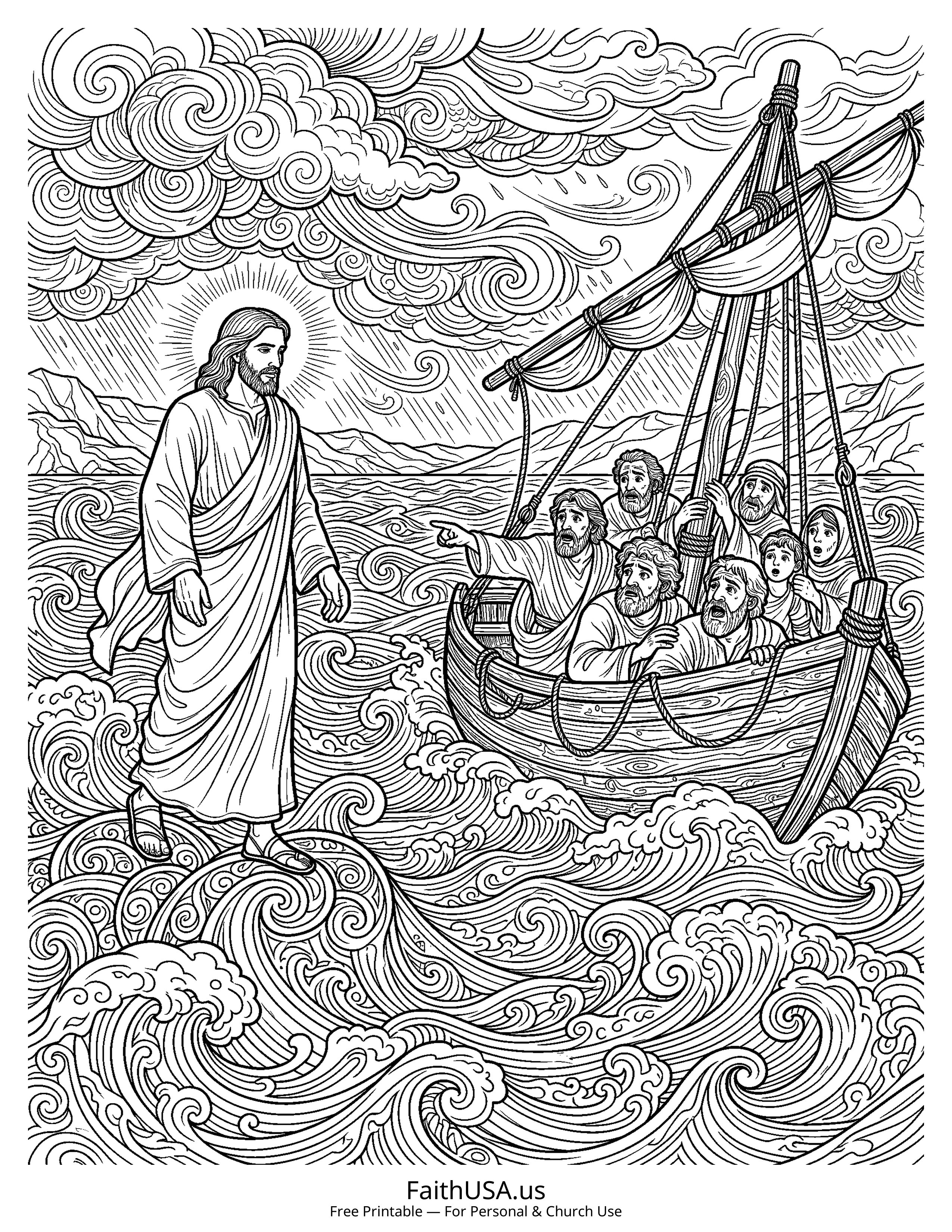 Jesus coloring page featuring Jesus Walking on Water in detailed black-and-white line art