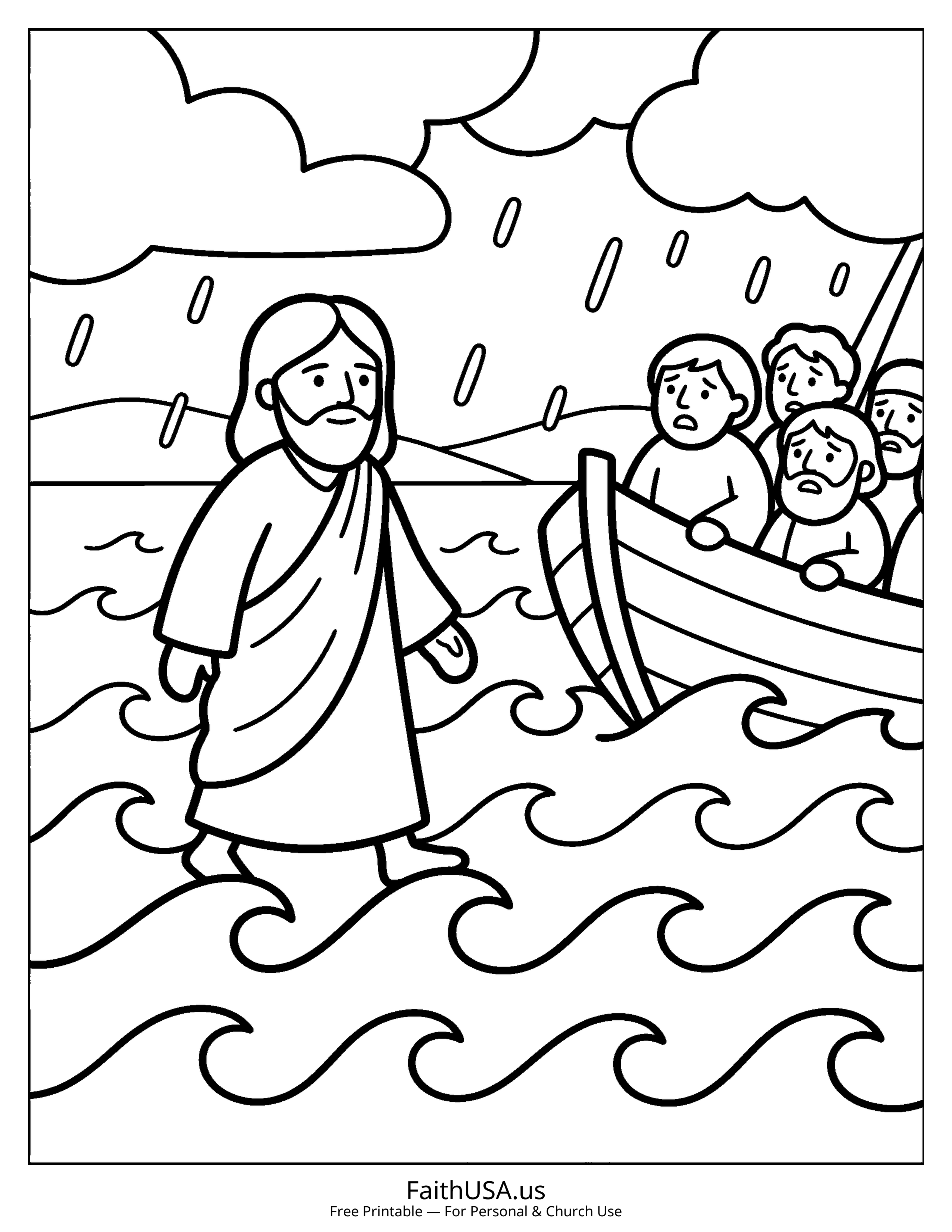 Jesus coloring page featuring Jesus Walking on Water in simple black-and-white line art
