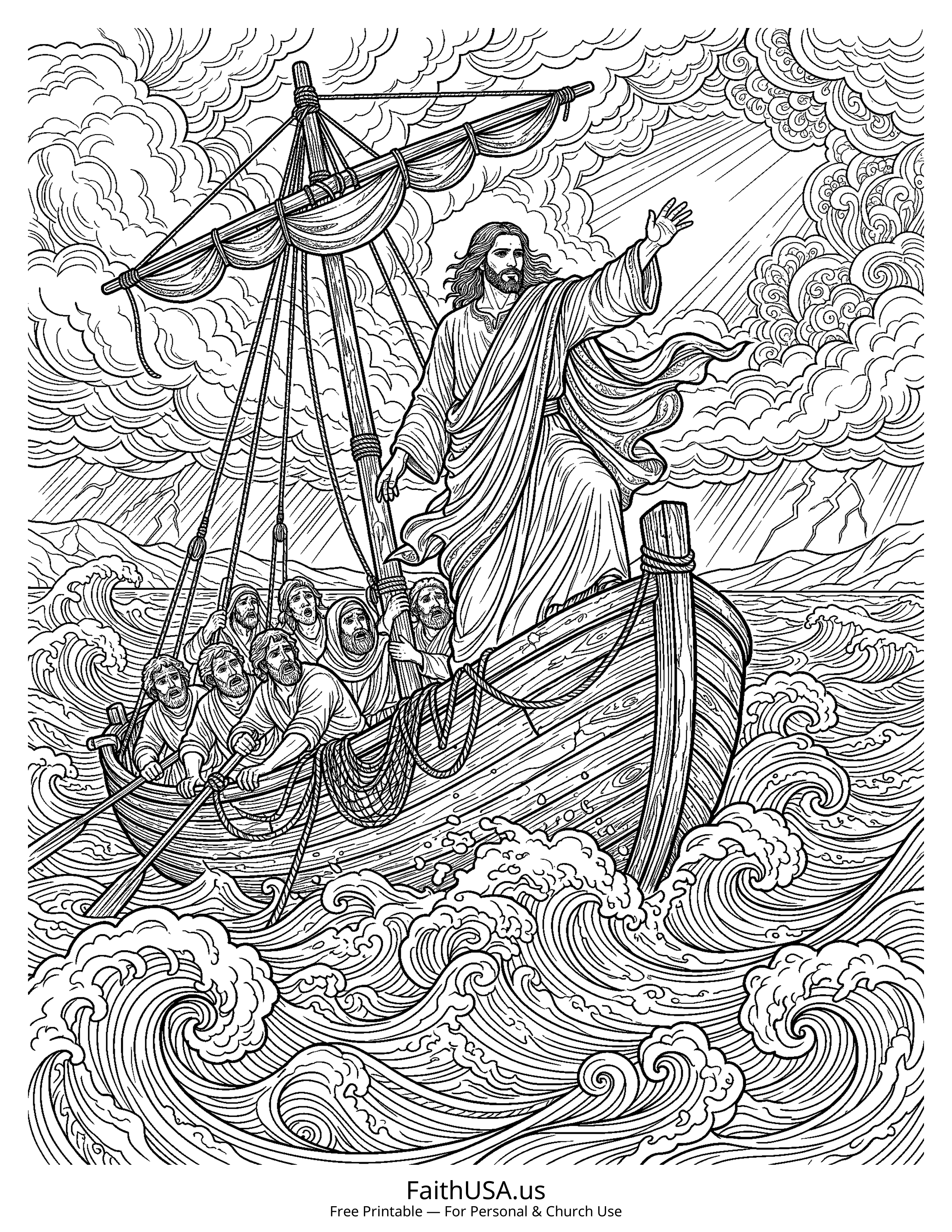 Jesus coloring page featuring Jesus Calming the Storm in detailed black-and-white line art