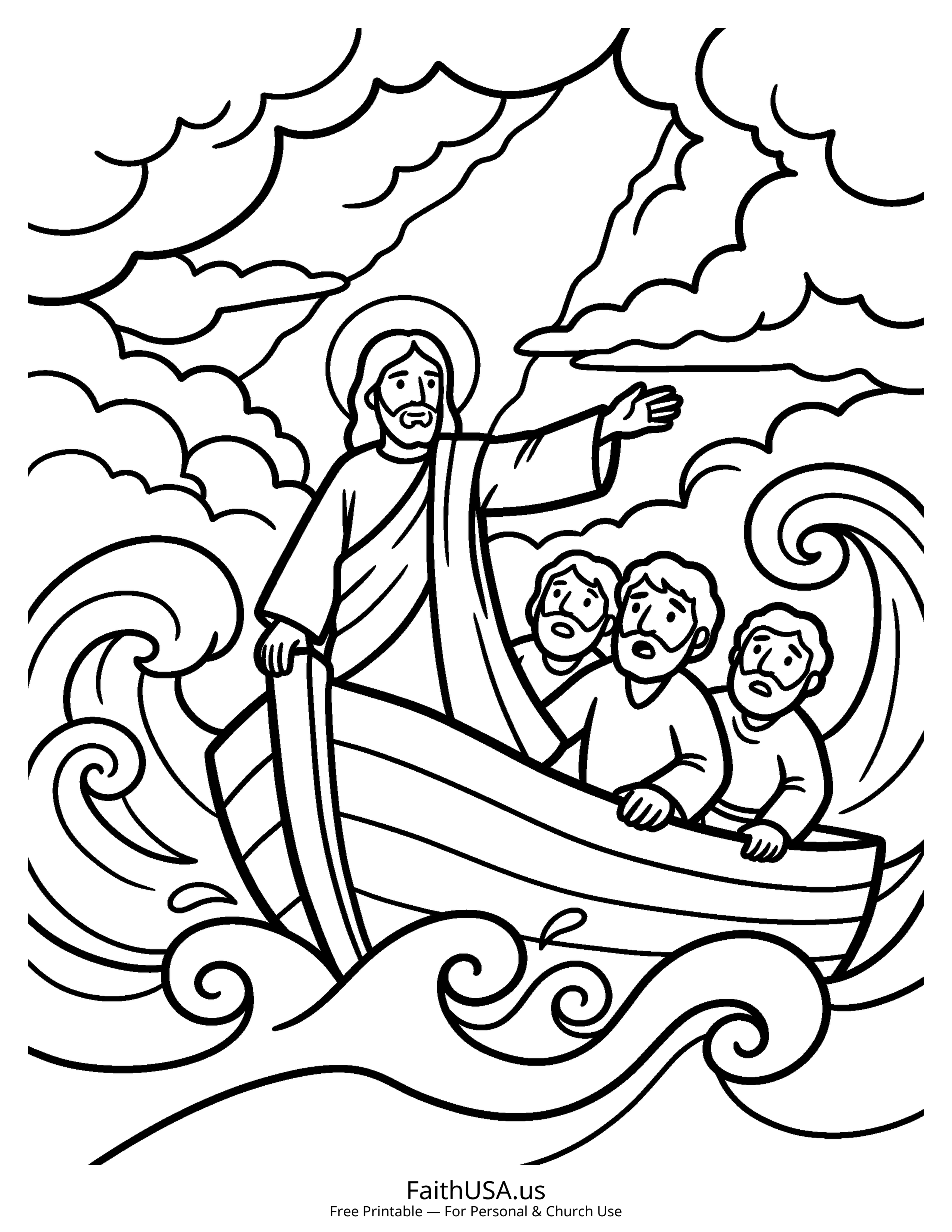 Jesus coloring page featuring Jesus Calming the Storm in simple black-and-white line art