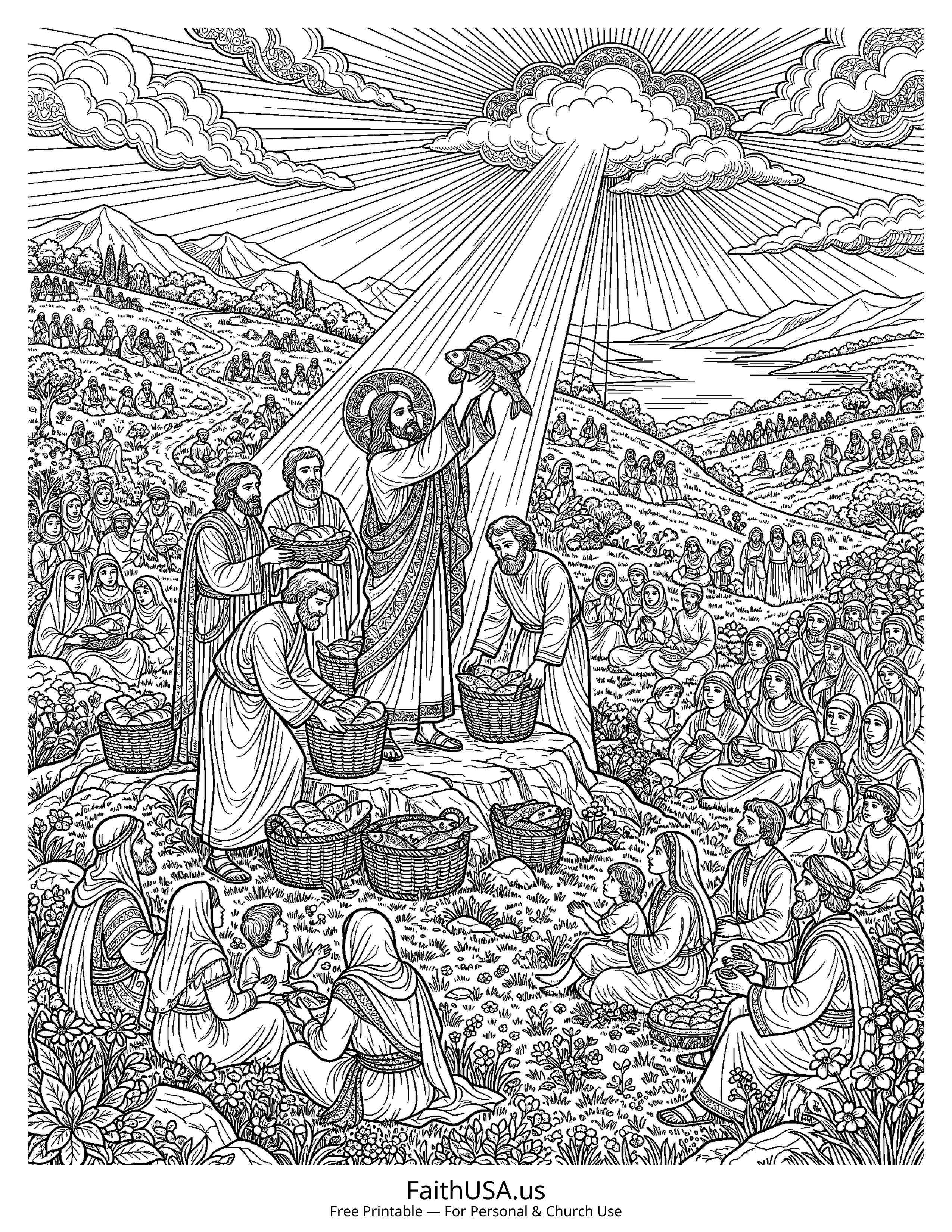 Jesus coloring page featuring Jesus Feeding the 5000 in detailed black-and-white line art