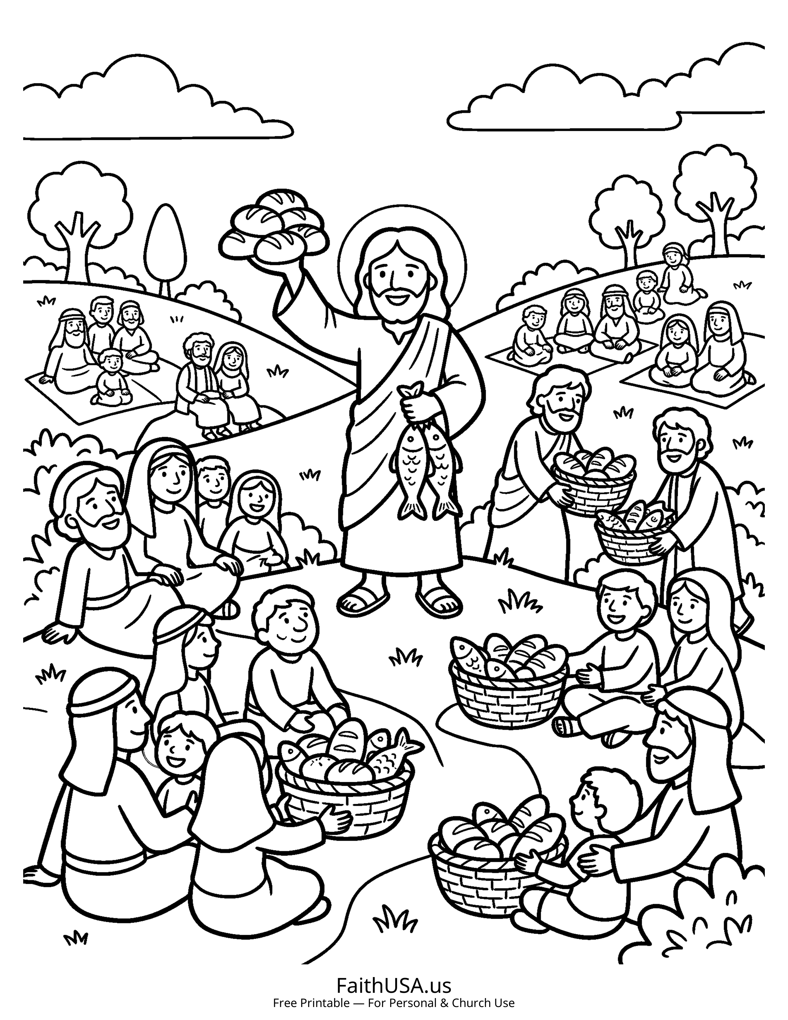 Jesus coloring page featuring Jesus Feeding the 5000 in simple black-and-white line art