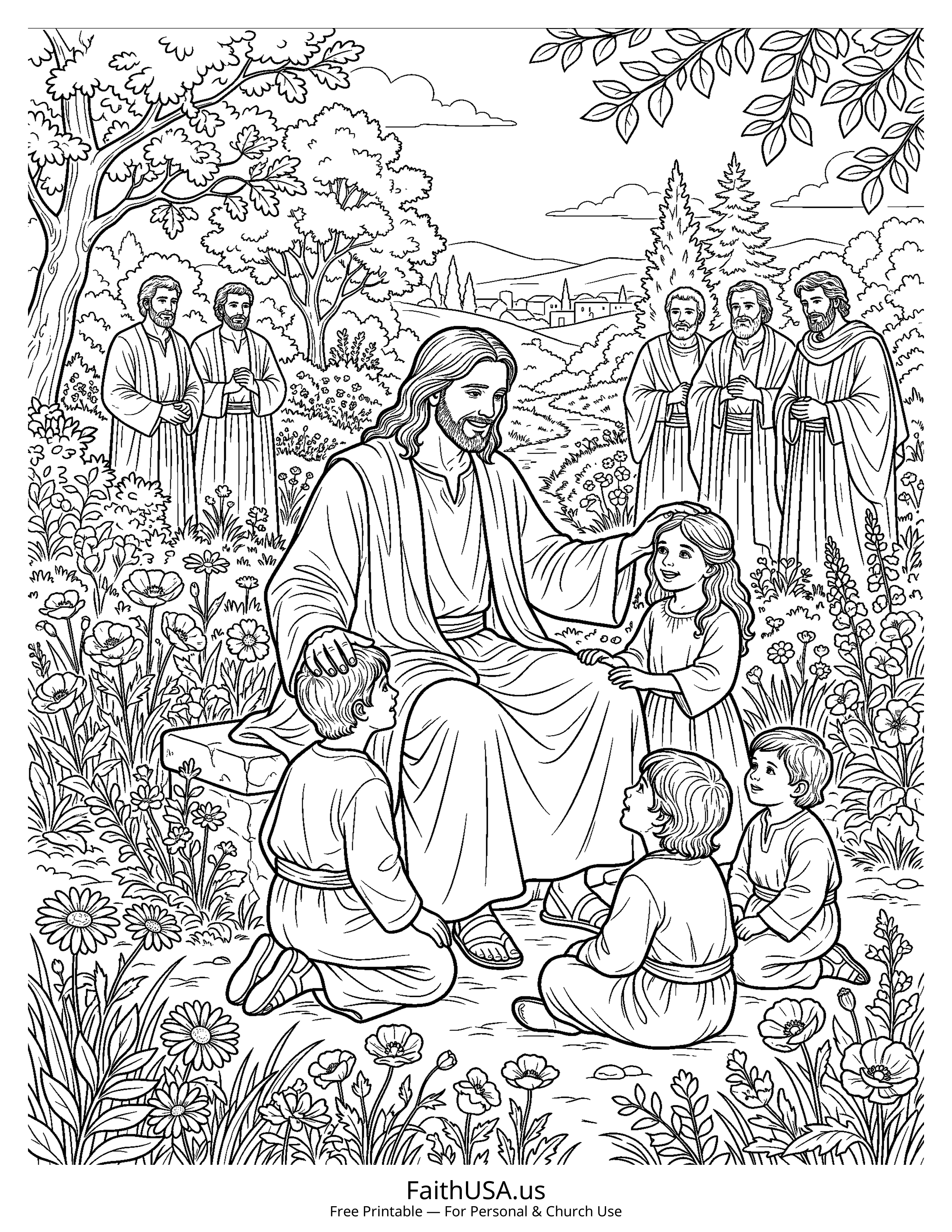 Jesus coloring page featuring Jesus Blessing the Children in detailed black-and-white line art