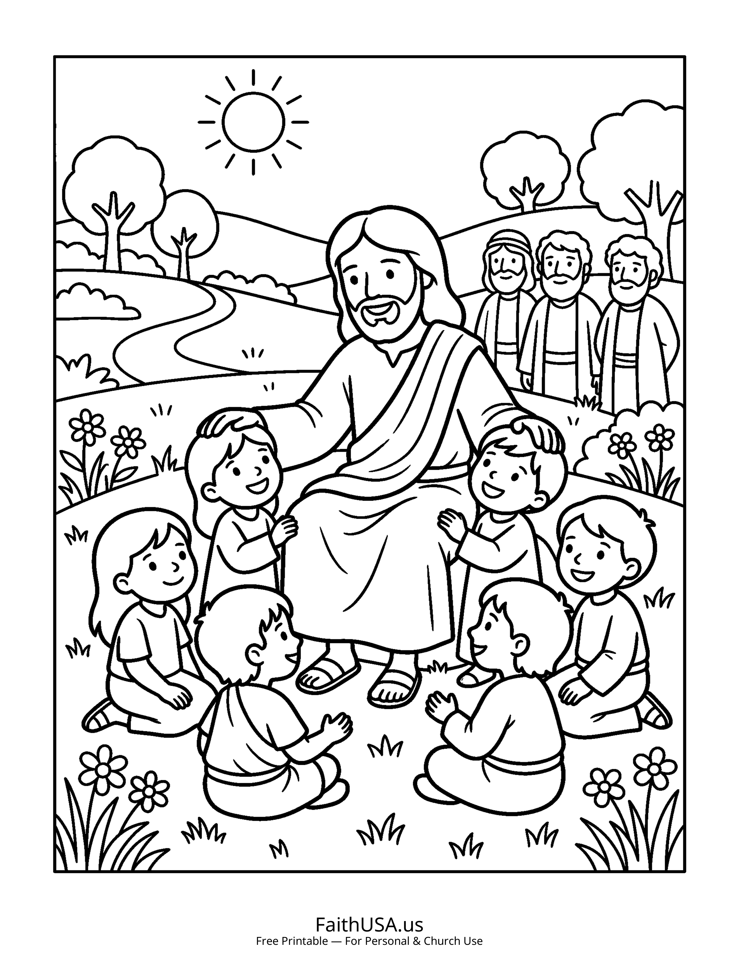 Jesus coloring page featuring Jesus Blessing the Children in simple black-and-white line art