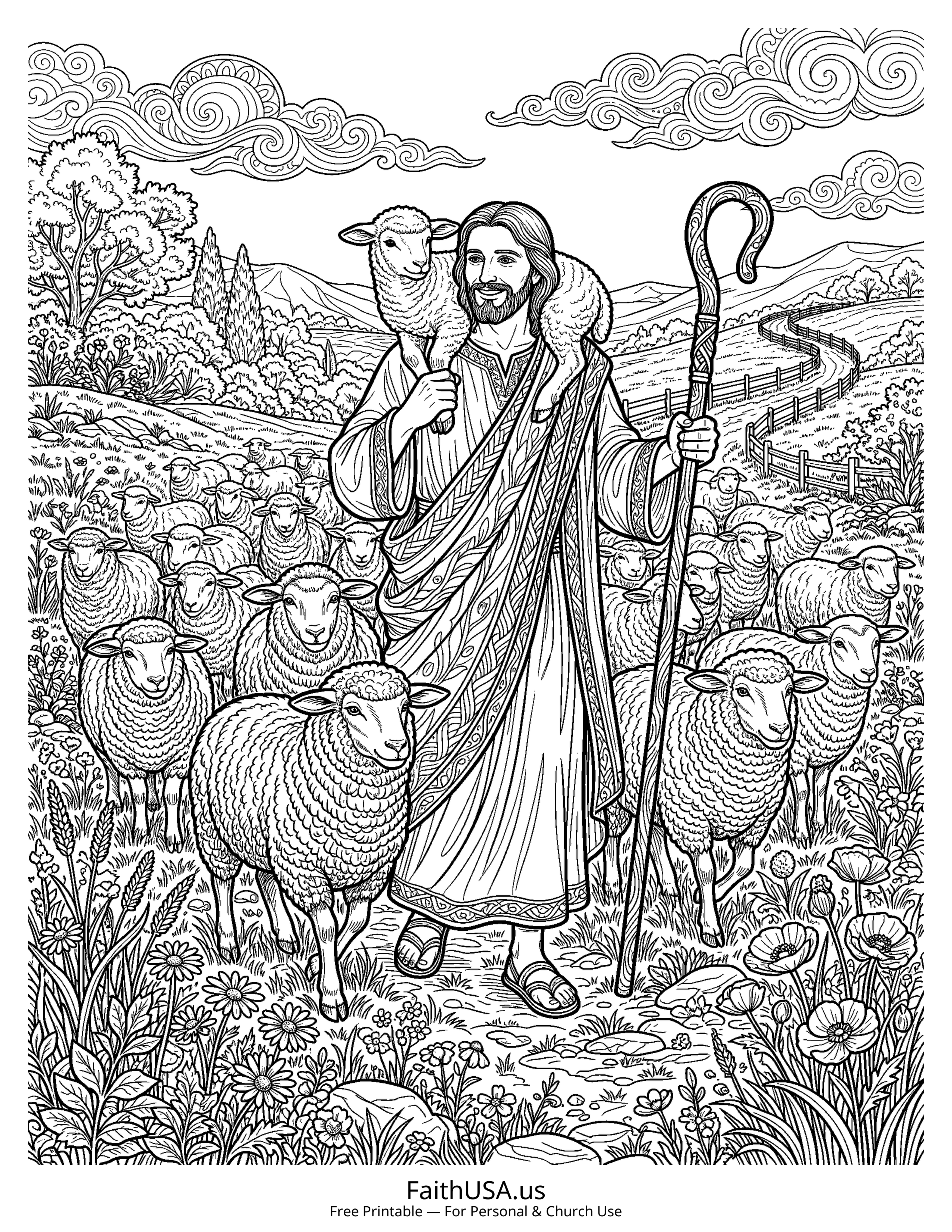 Jesus coloring page featuring Jesus the Good Shepherd in detailed black-and-white line art