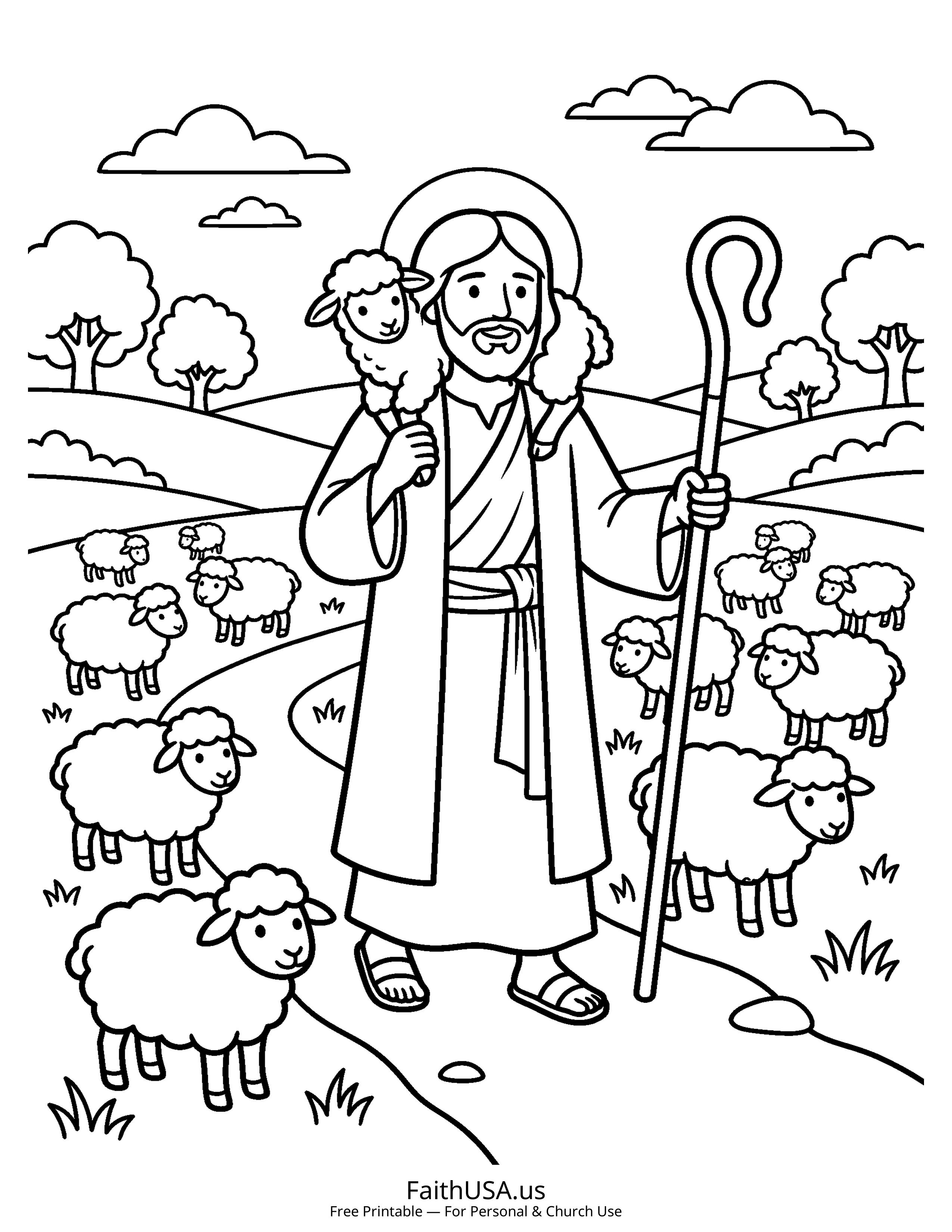 Jesus coloring page featuring Jesus the Good Shepherd in simple black-and-white line art