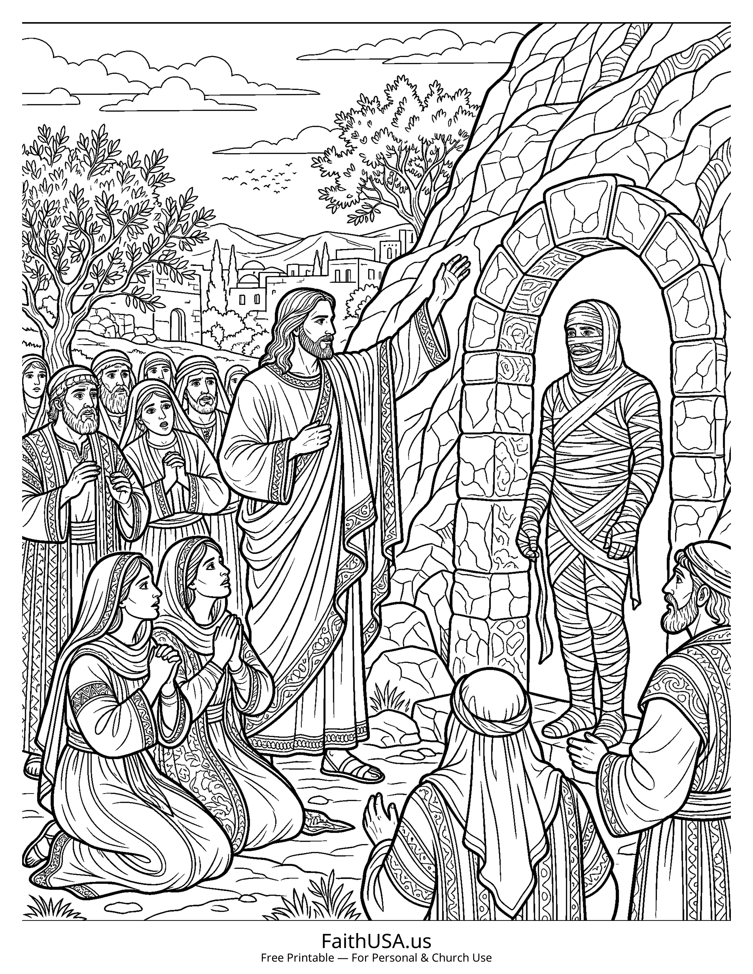 Jesus coloring page featuring Jesus Raising Lazarus in detailed black-and-white line art