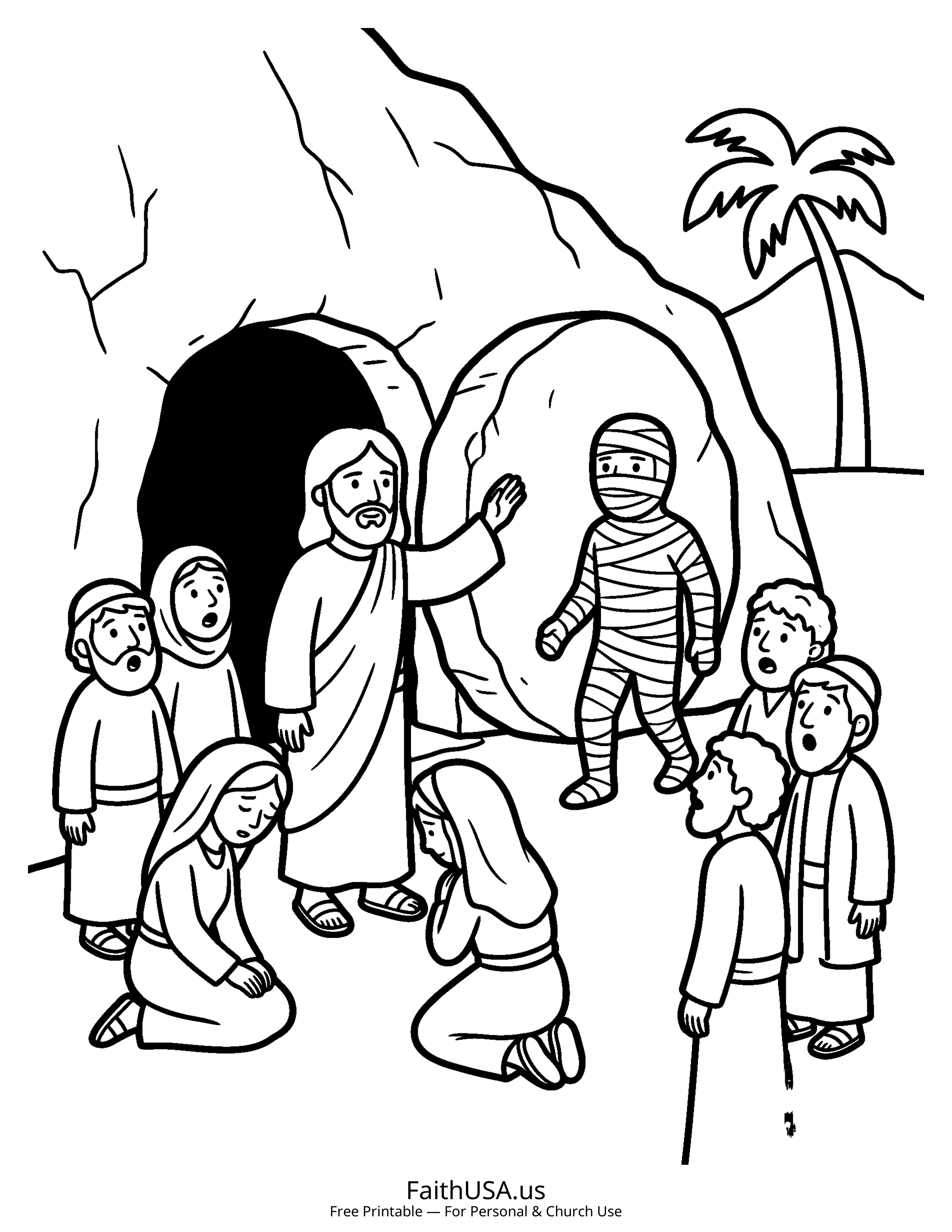 Jesus coloring page featuring Jesus Raising Lazarus in simple black-and-white line art