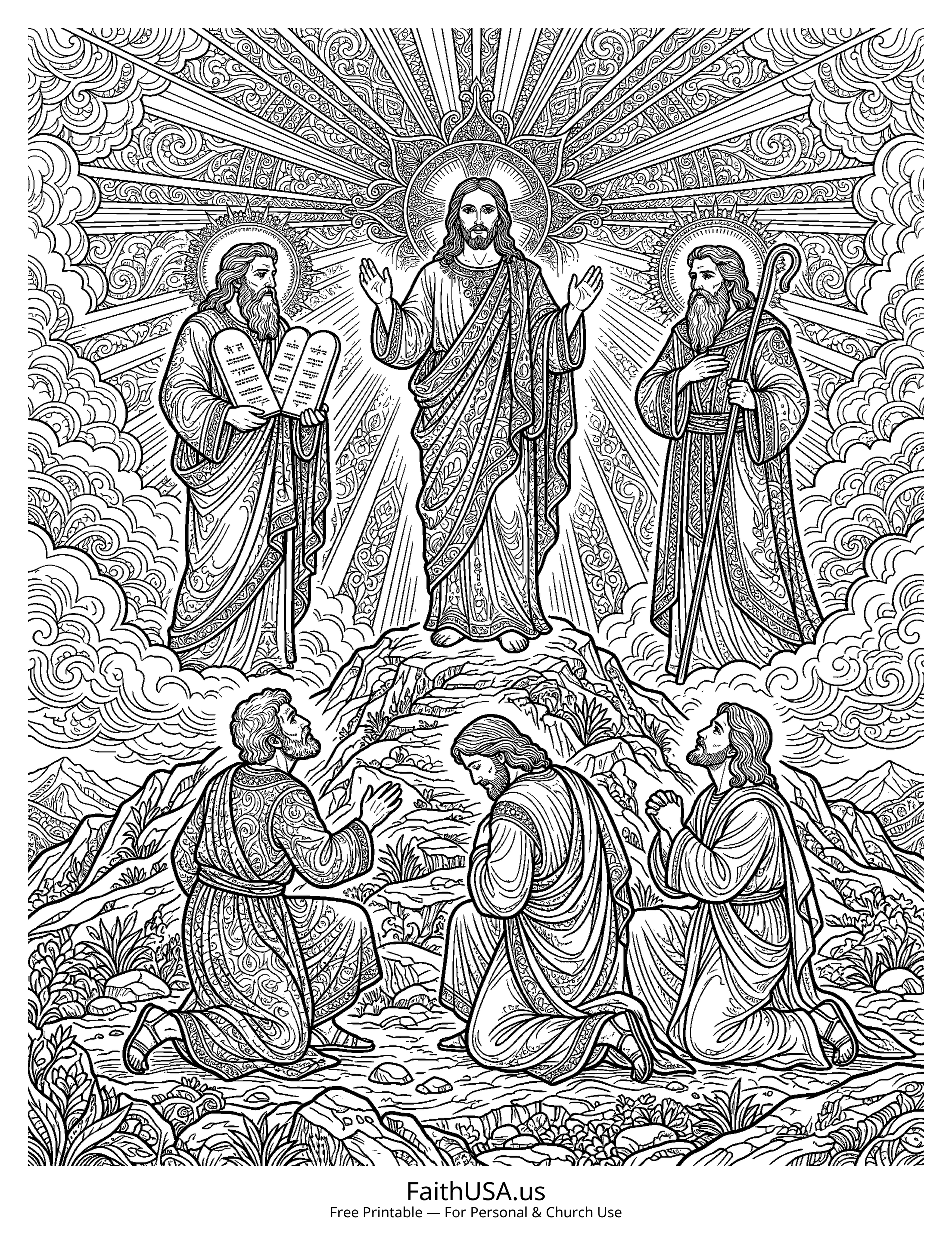 Jesus coloring page featuring The Transfiguration of Jesus in detailed black-and-white line art