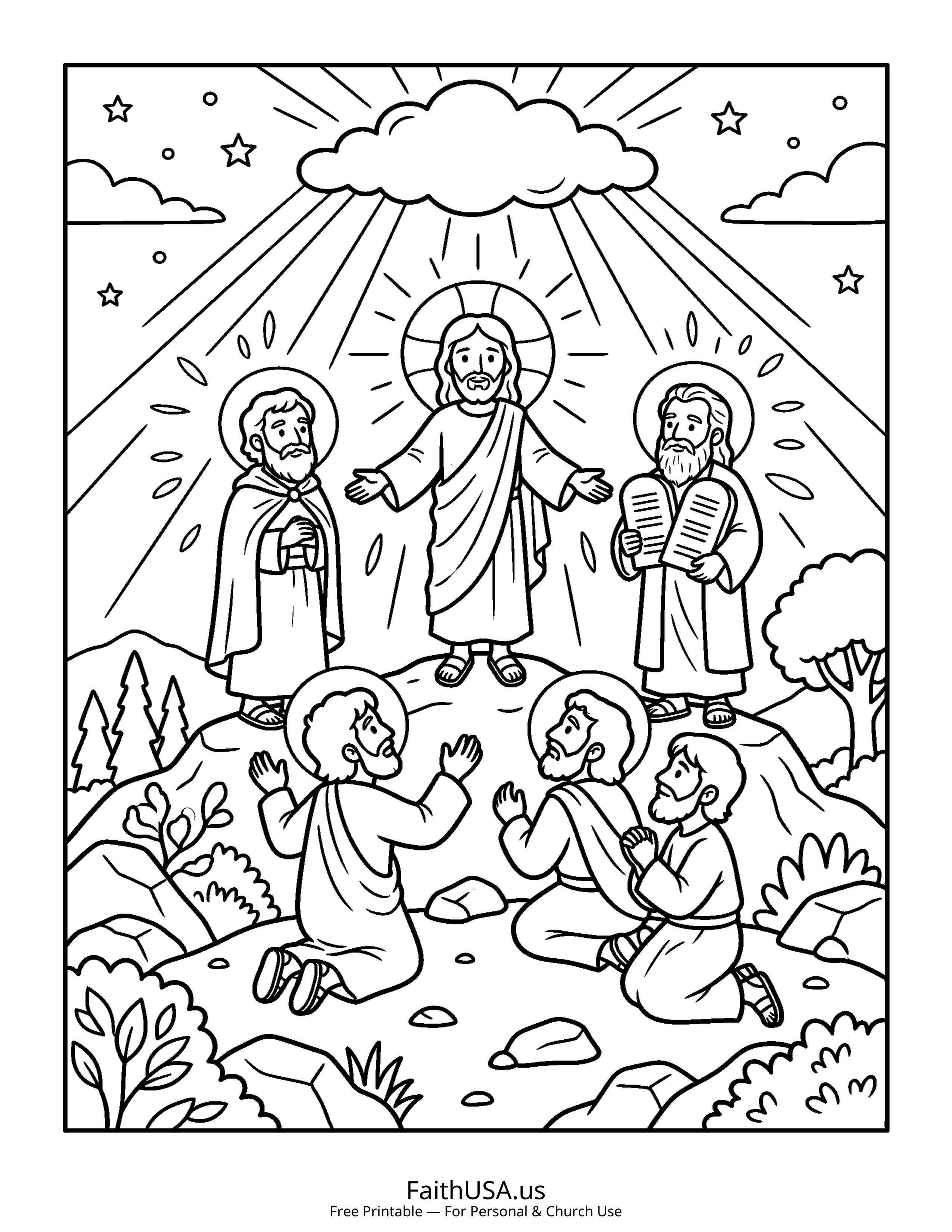 Jesus coloring page featuring The Transfiguration of Jesus in simple black-and-white line art