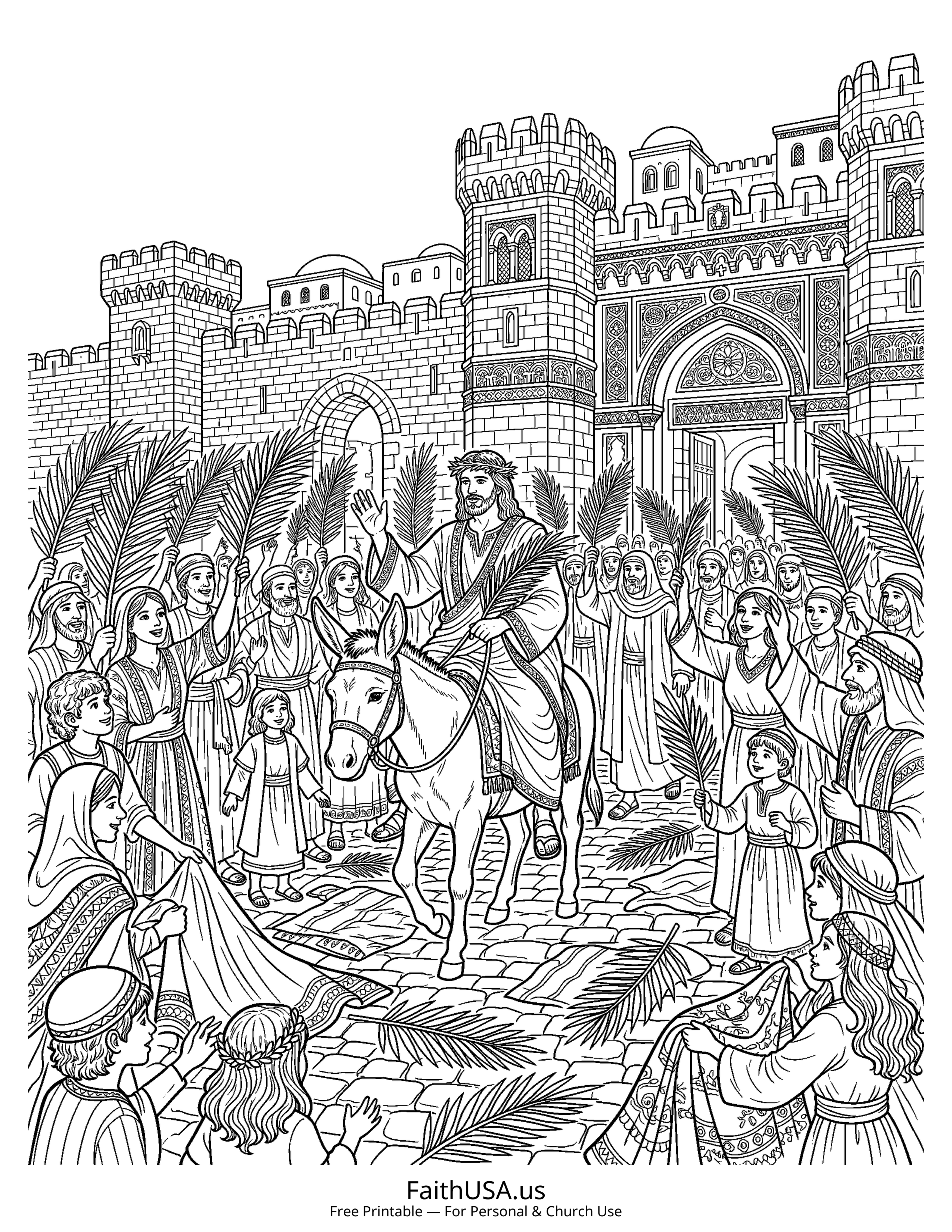 Jesus coloring page featuring Jesus Entering Jerusalem in detailed black-and-white line art