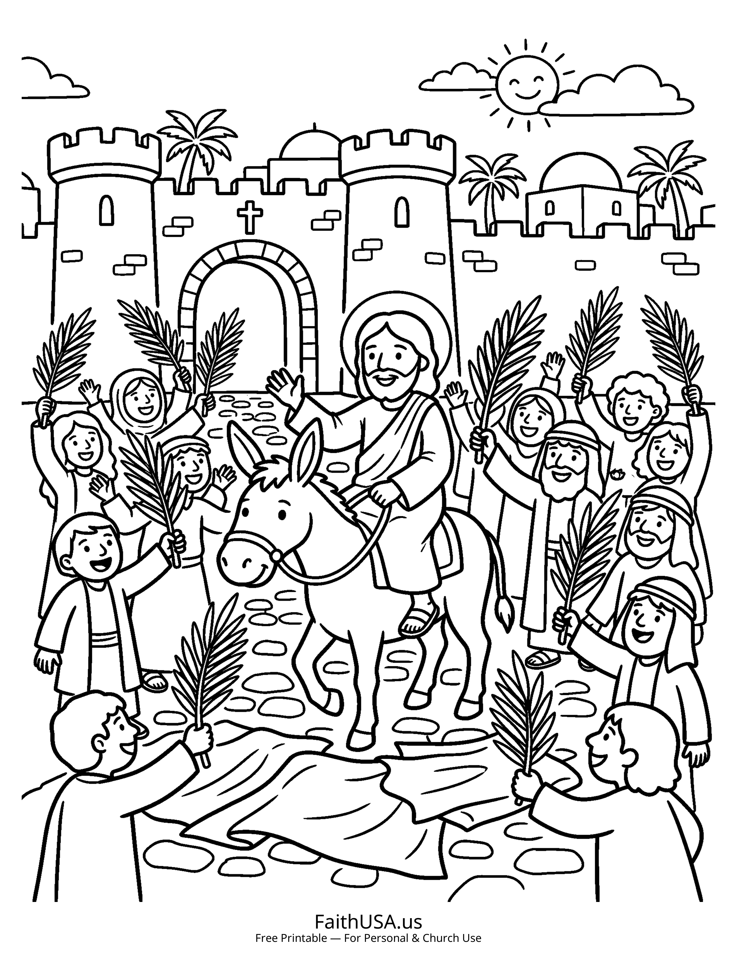 Jesus coloring page featuring Jesus Entering Jerusalem in simple black-and-white line art