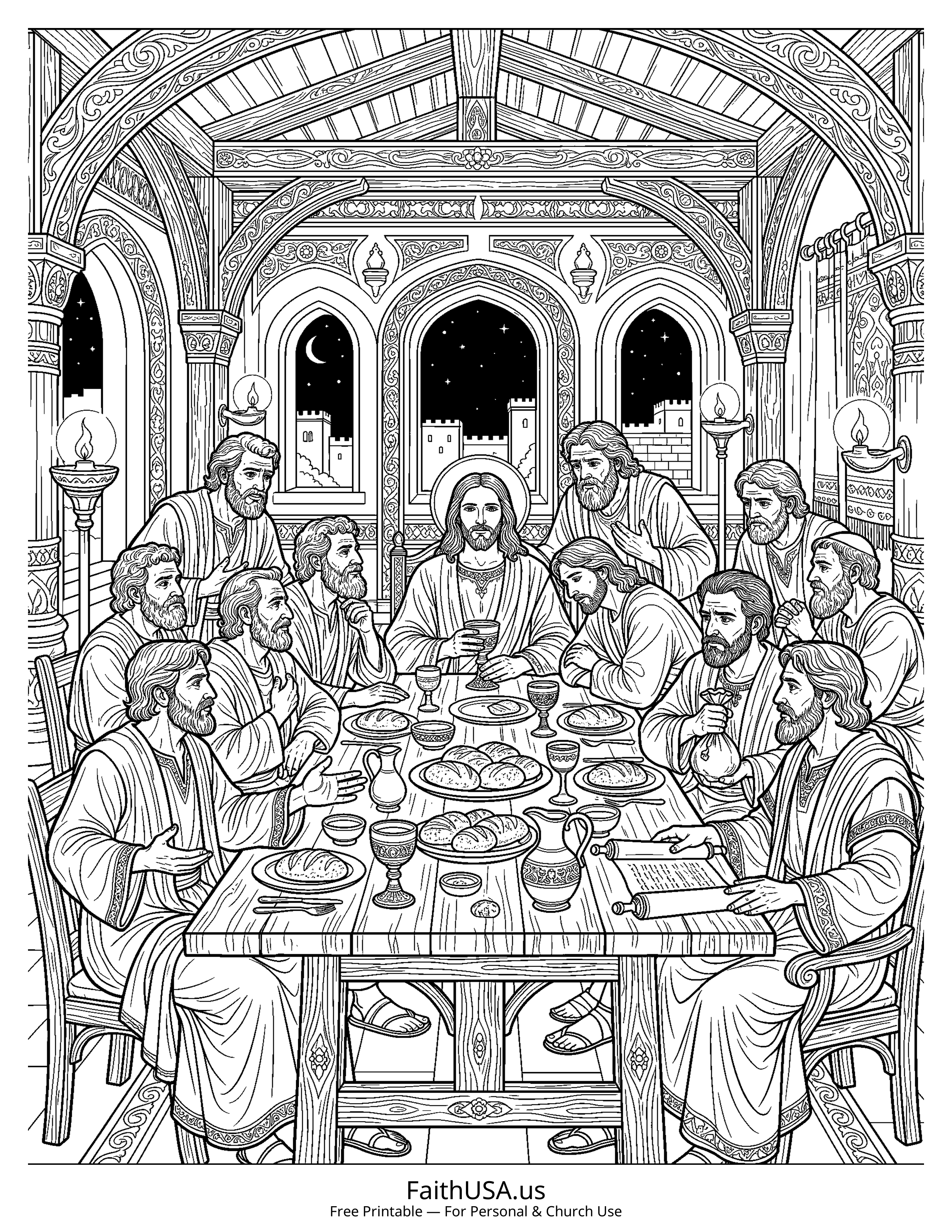 Jesus coloring page featuring Jesus at the Last Supper in detailed black-and-white line art